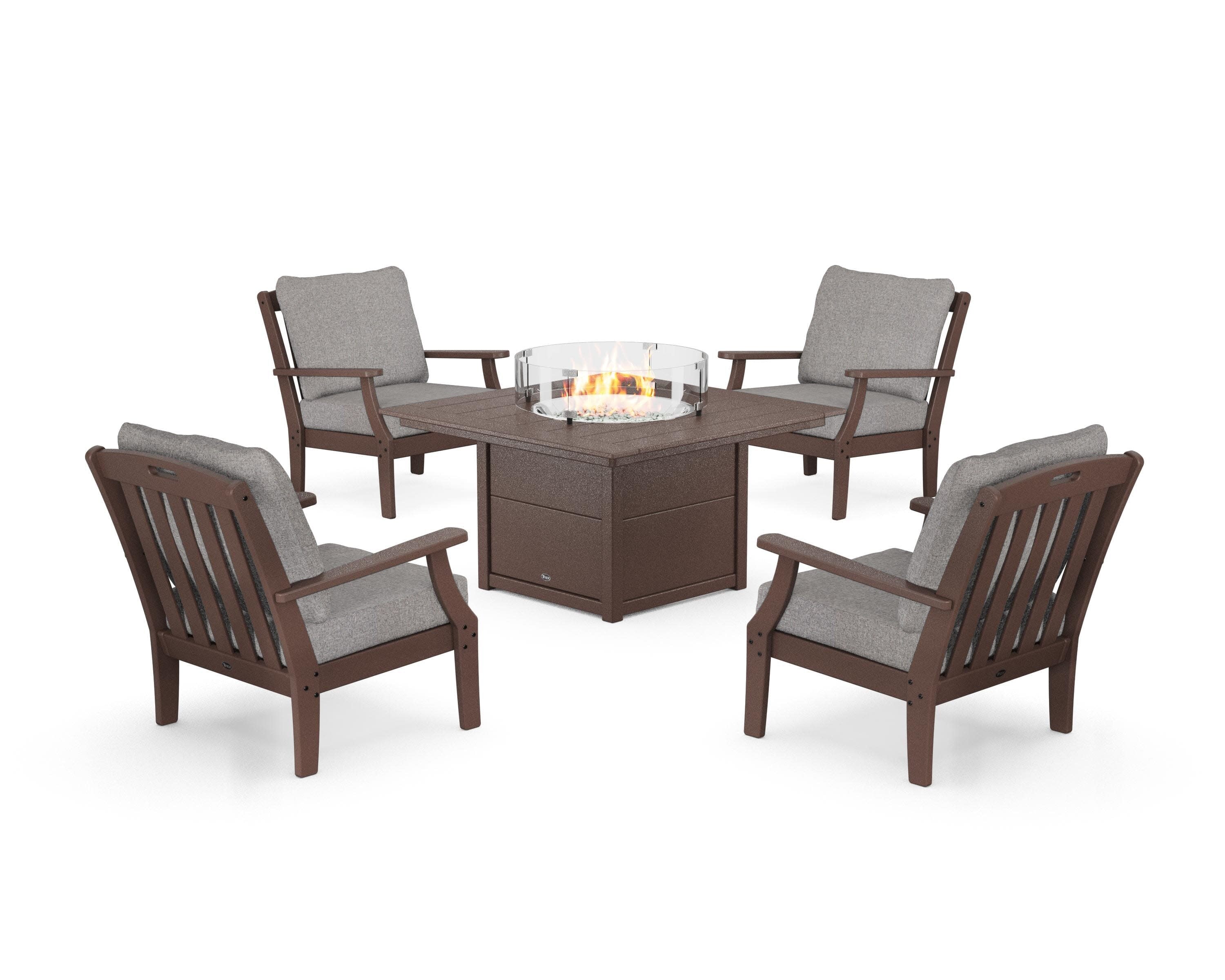 Yacht Club 5-Piece Deep Seating Set with Square Fire Pit Table in Vintage Lantern / Grey Mist