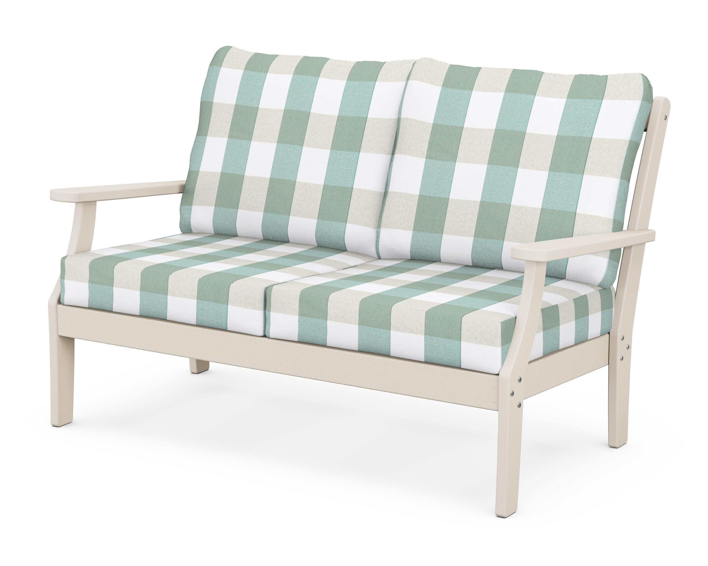 Yacht Club Deep Seating Loveseat in Sand Castle / Buffalo Plaid Glacier Spa