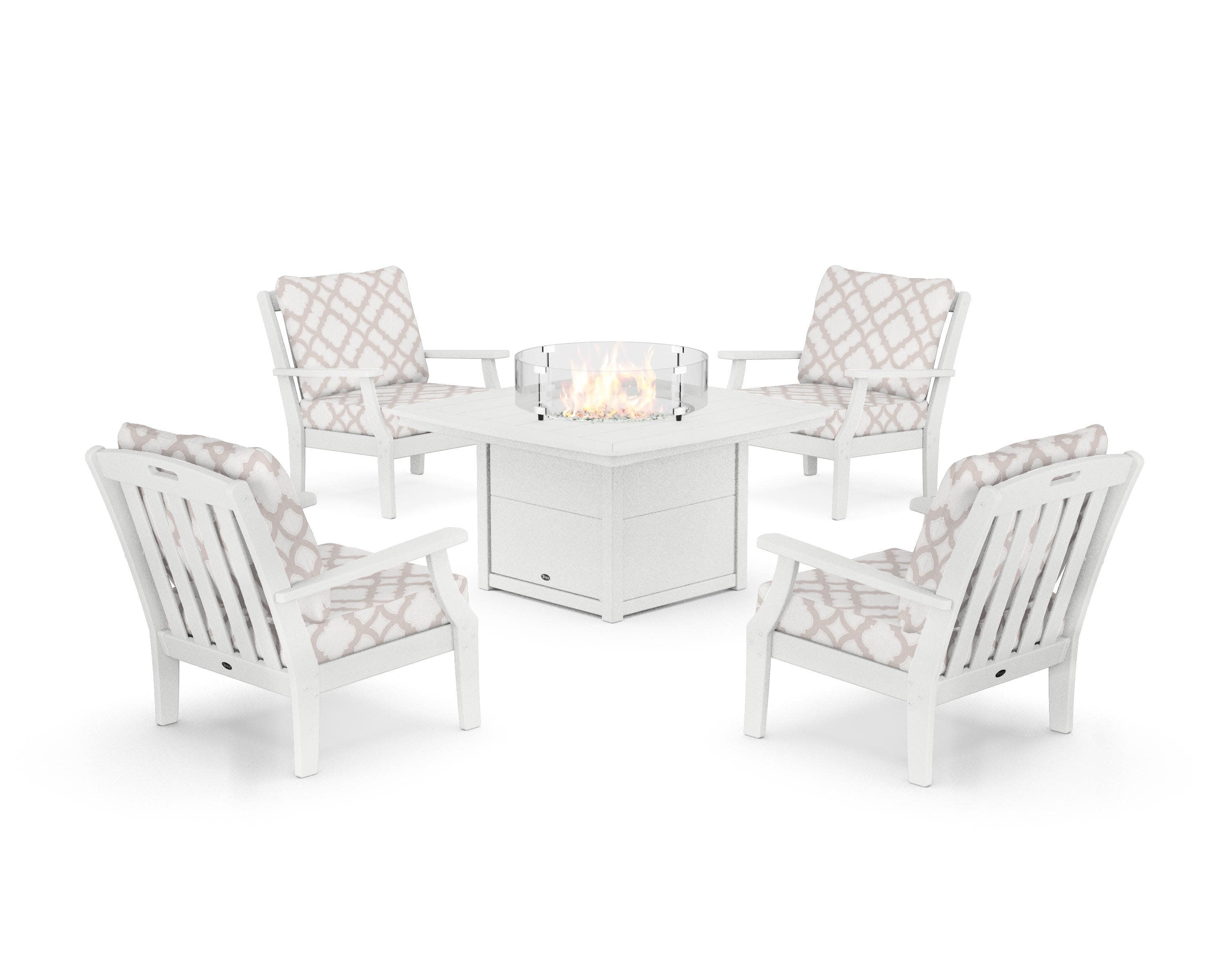 Yacht Club 5-Piece Deep Seating Set with Fire Pit Table in Classic White / Trellis Dune Burlap