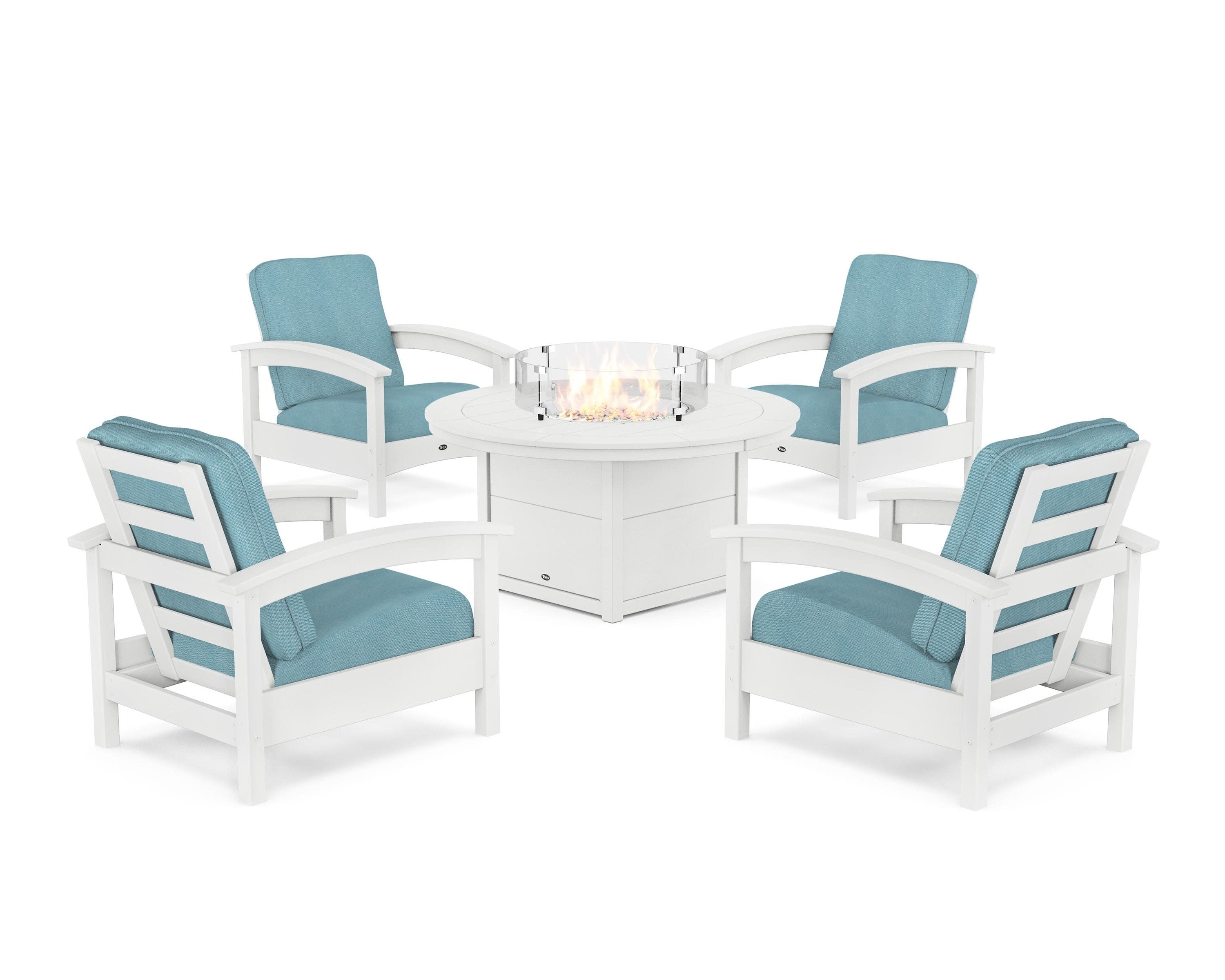 Rockport 5-Piece Deep Seating Set with Round Fire Pit Table in Classic White / Lattice Sky Blue
