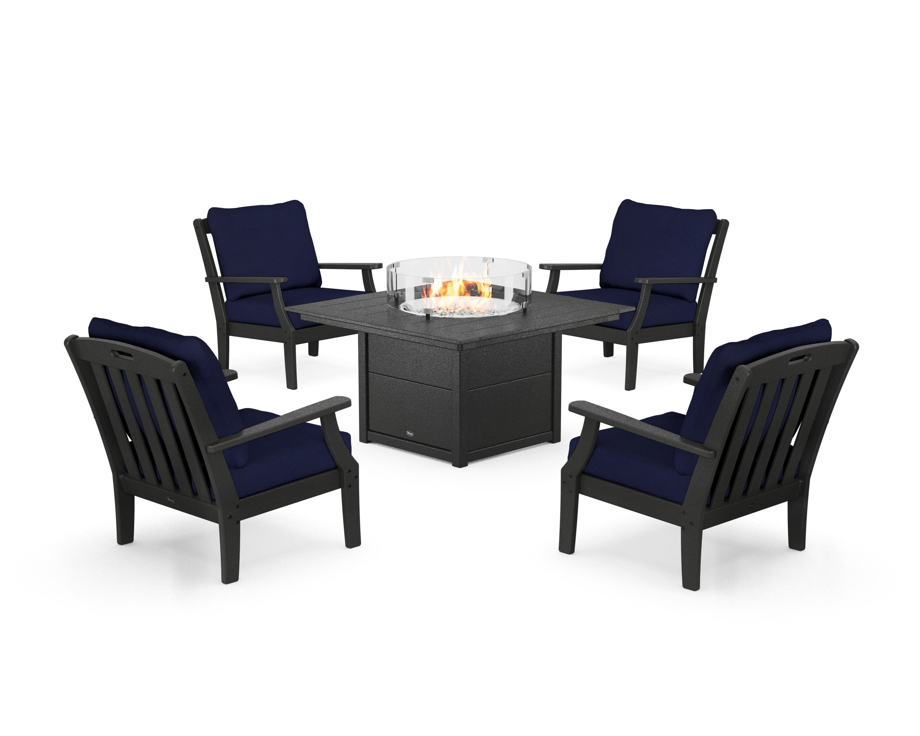 Yacht Club 5-Piece Deep Seating Set with Square Fire Pit Table in Charcoal Black / Navy