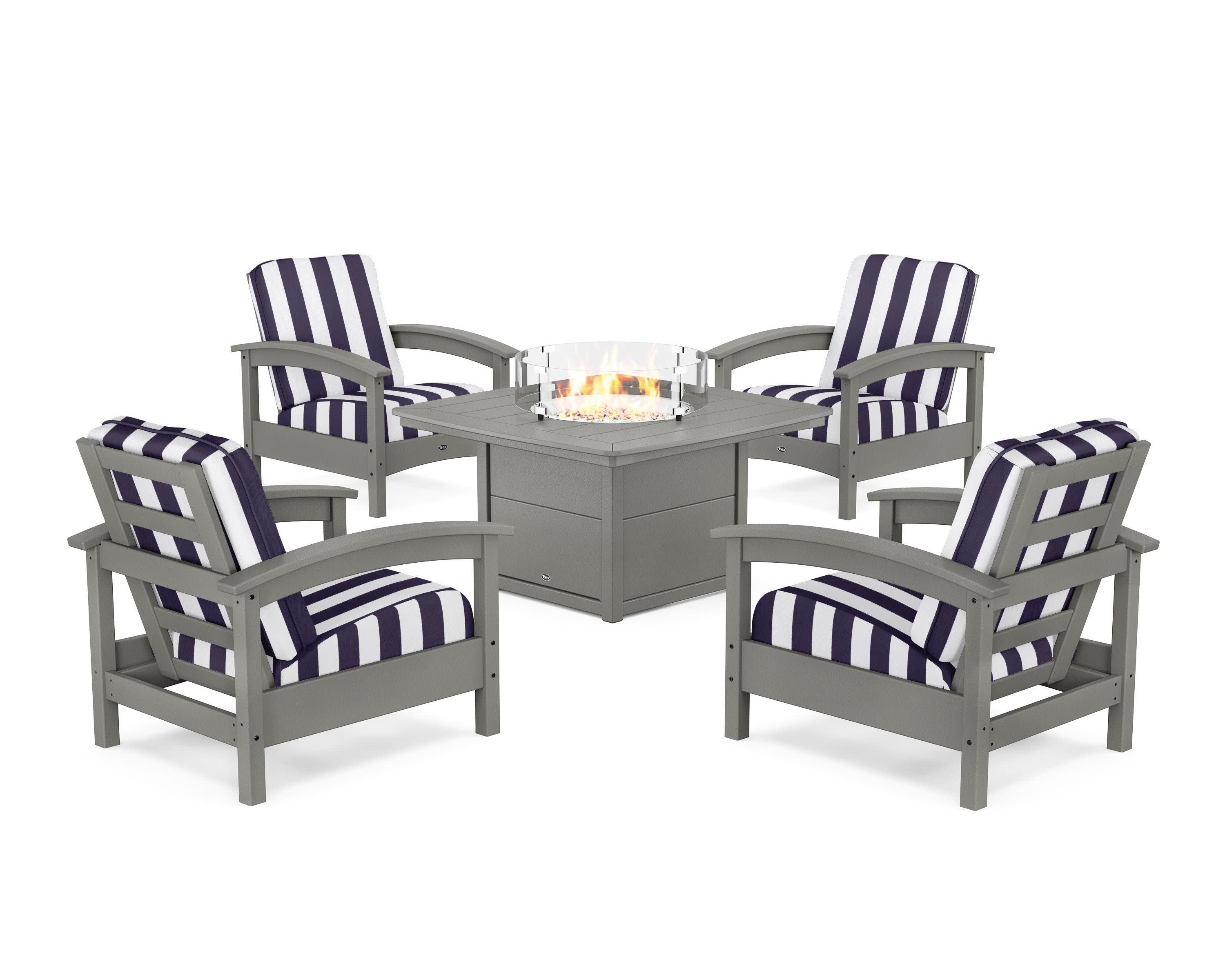 Rockport 5-Piece Deep Seating Set with Yacht Club Fire Pit Table in Stepping Stone / Cabana Stripe Navy