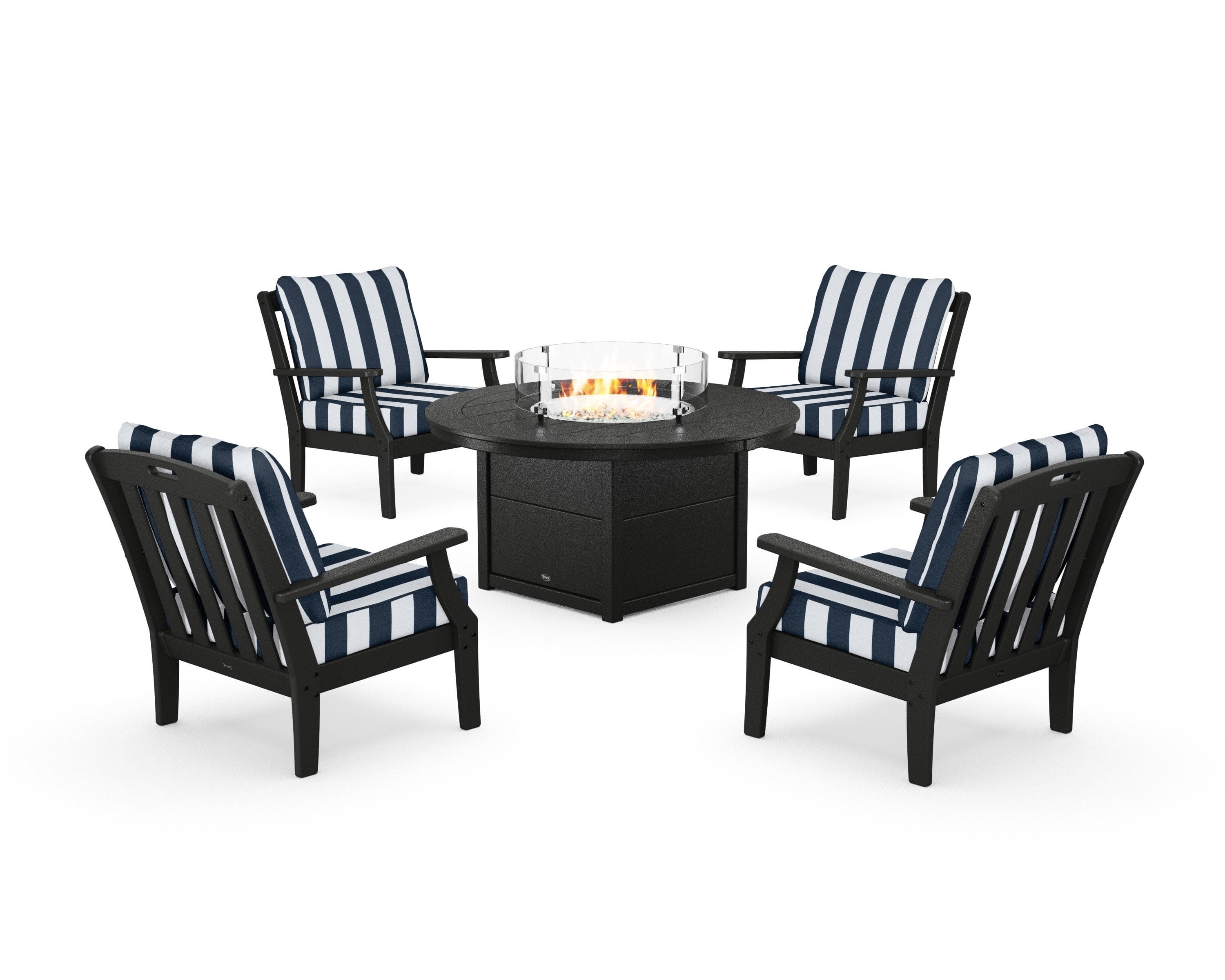 Yacht Club 5-Piece Deep Seating Set with Round Fire Pit Table in Charcoal Black / Cabana Stripe Marine Indigo