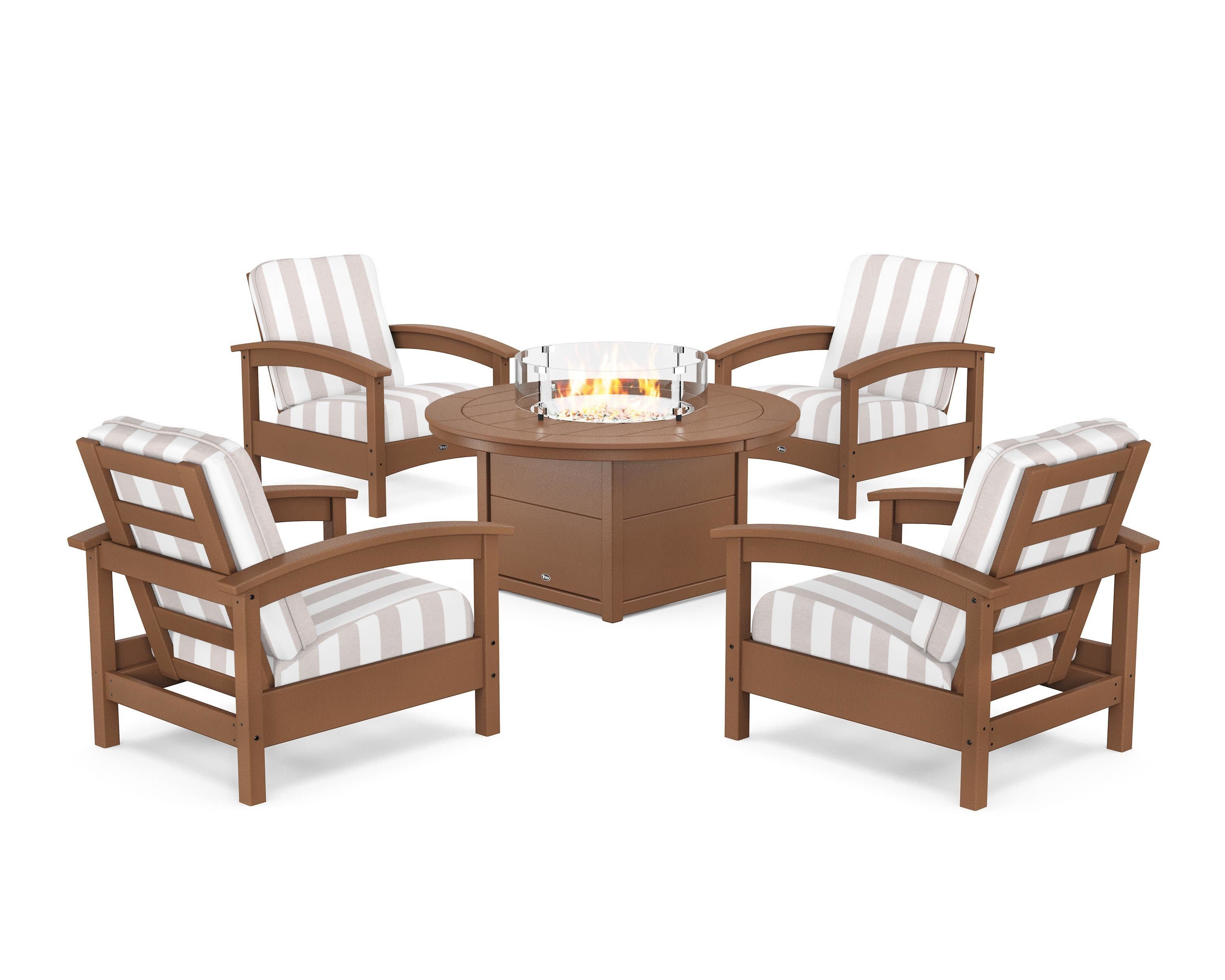 Rockport 5-Piece Deep Seating Set with Round Fire Pit Table in Tree House / Cabana Stripe Dune Burlap