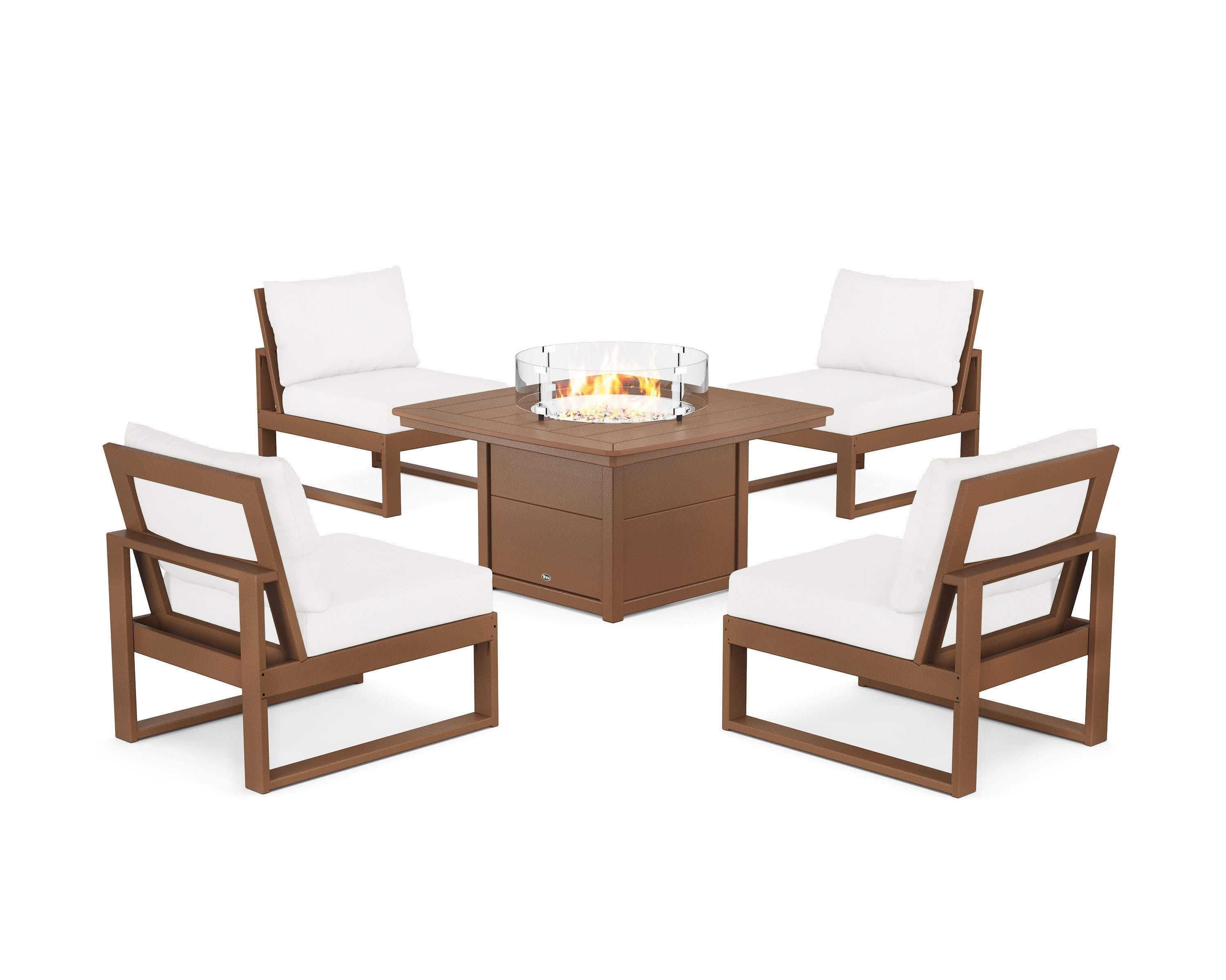 Eastport Modular 5-Piece Deep Seating Set with Yacht Club Fire Pit Table in Tree House / Natural Linen