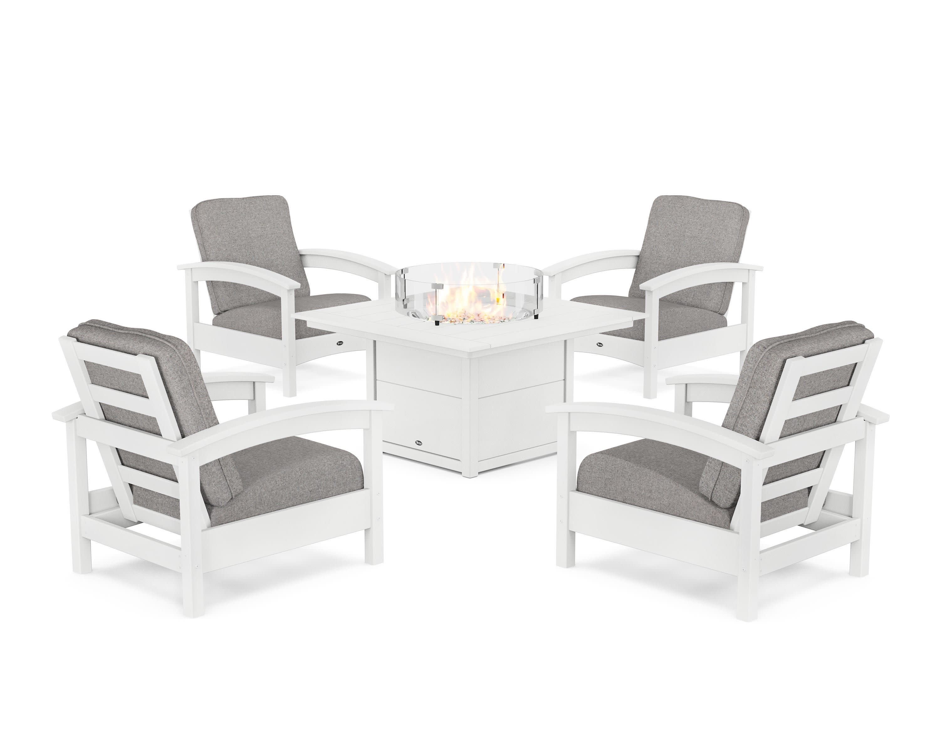 Rockport 5-Piece Deep Seating Set with Square Fire Pit Table in Classic White / Grey Mist