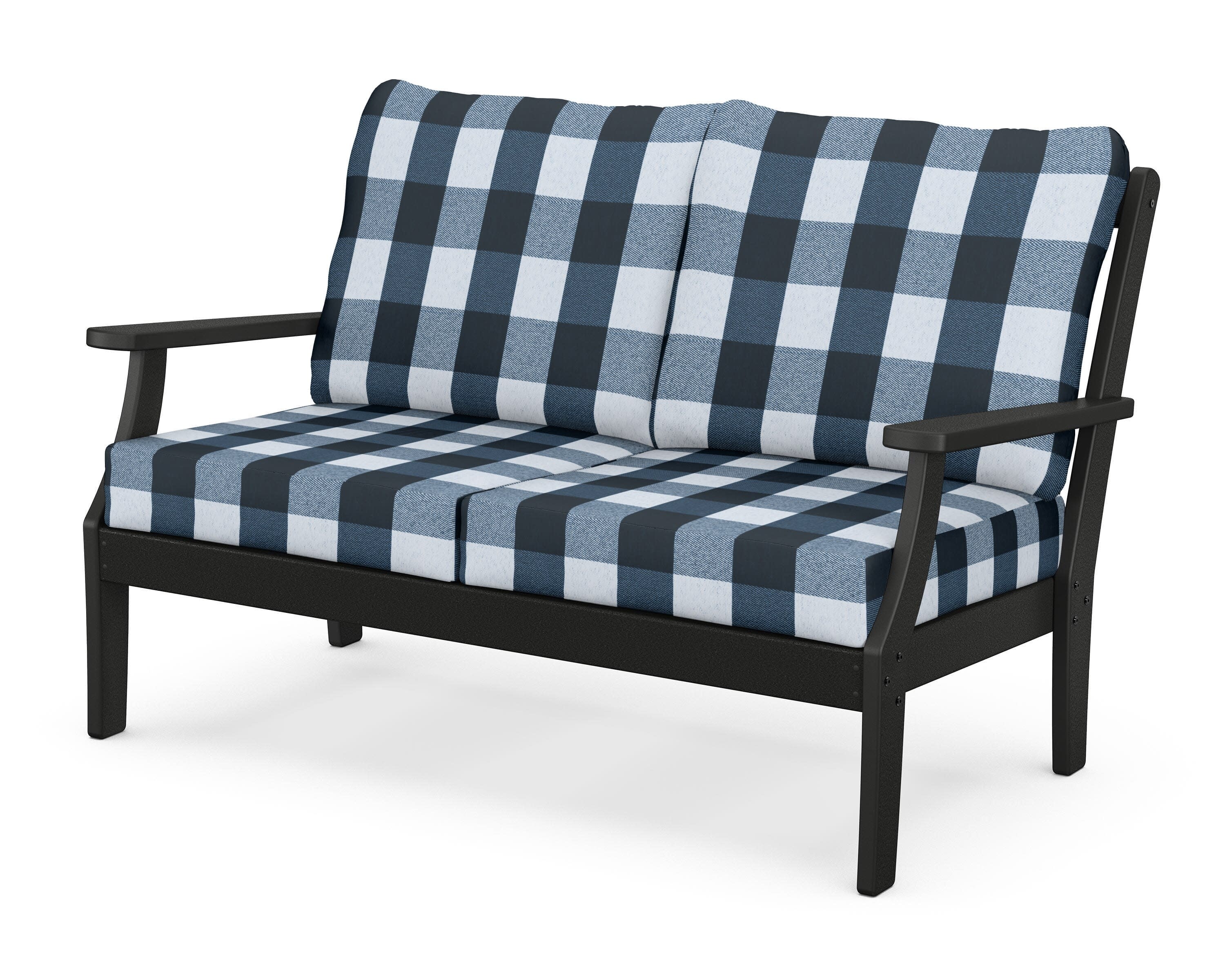 Yacht Club Deep Seating Loveseat in Charcoal Black / Buffalo Plaid Marine Indigo