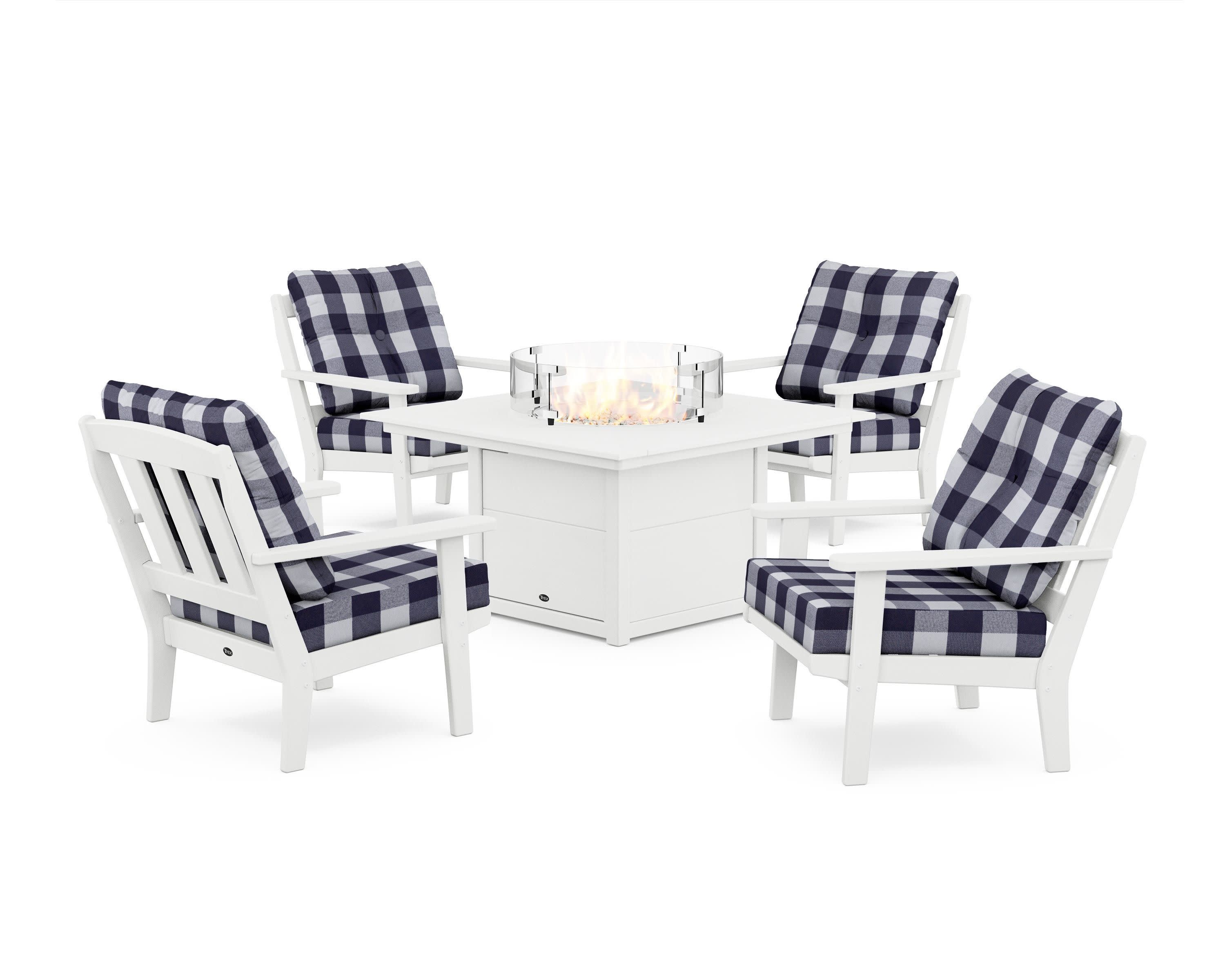 Cape Cod 5-Piece Deep Seating Set with Fire Pit Table in Classic White / Buffalo Plaid Navy