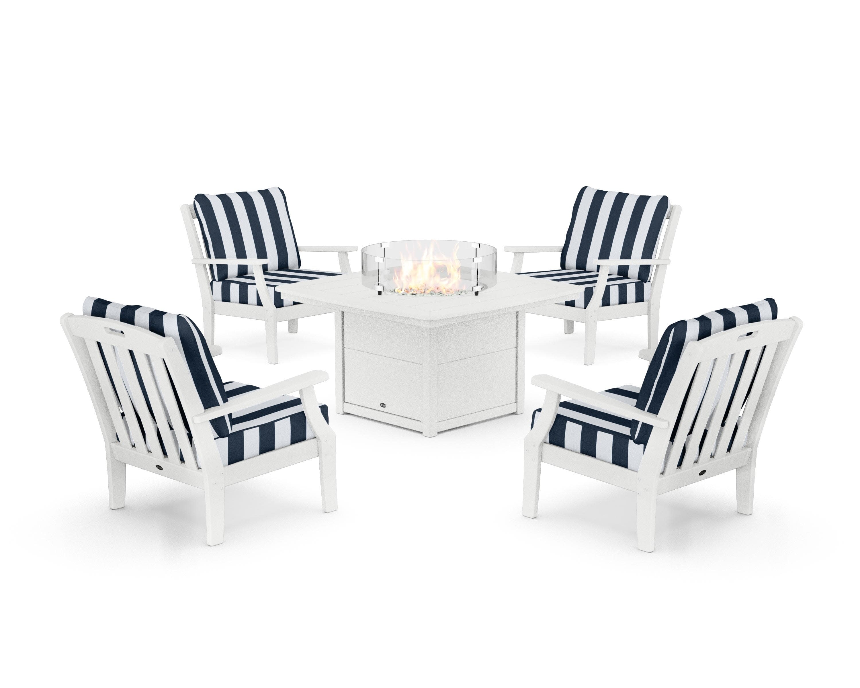 Yacht Club 5-Piece Deep Seating Set with Fire Pit Table in Classic White / Cabana Stripe Marine Indigo