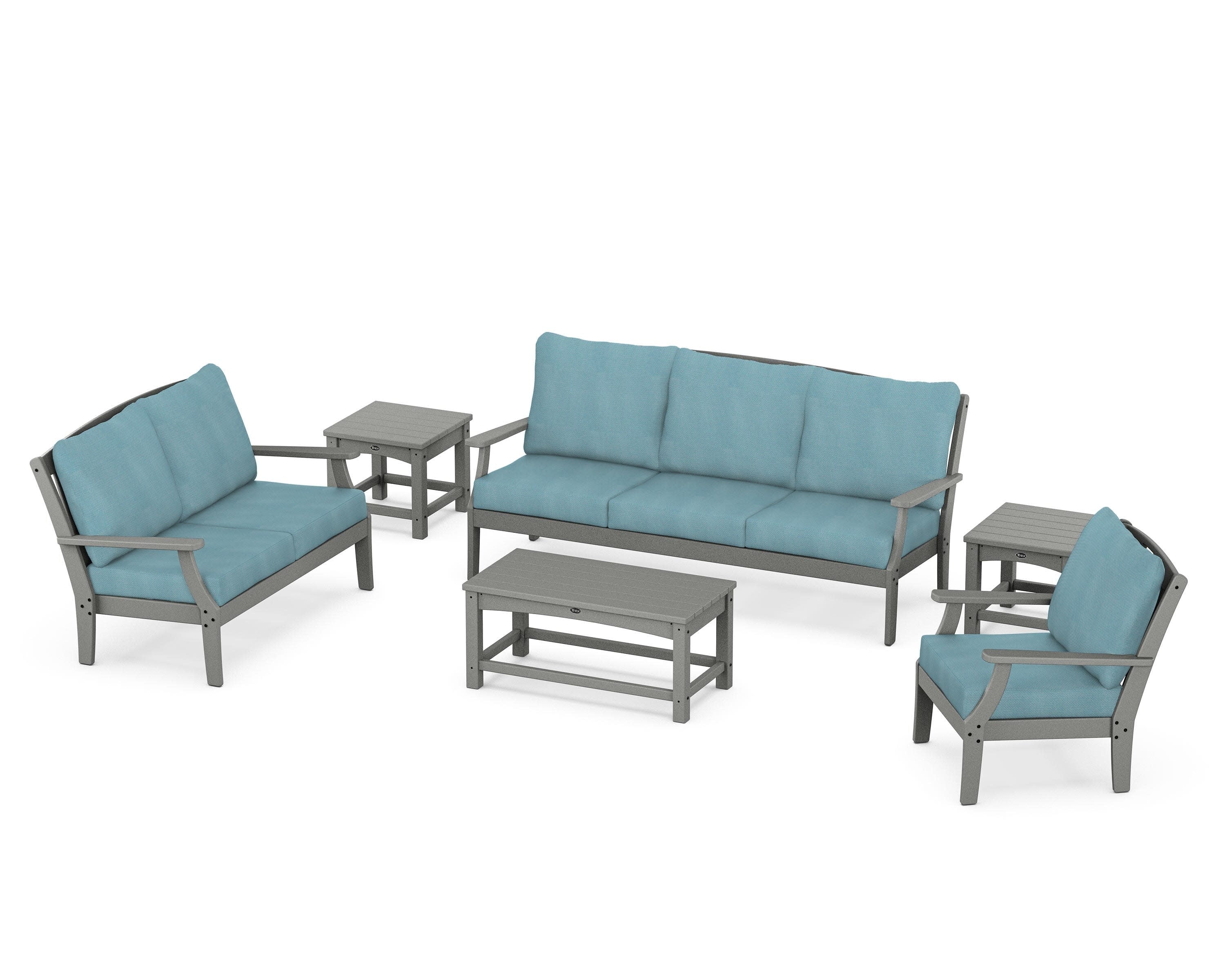 Yacht Club 6-Piece Deep Seating Set in Stepping Stone / Lattice Sky Blue