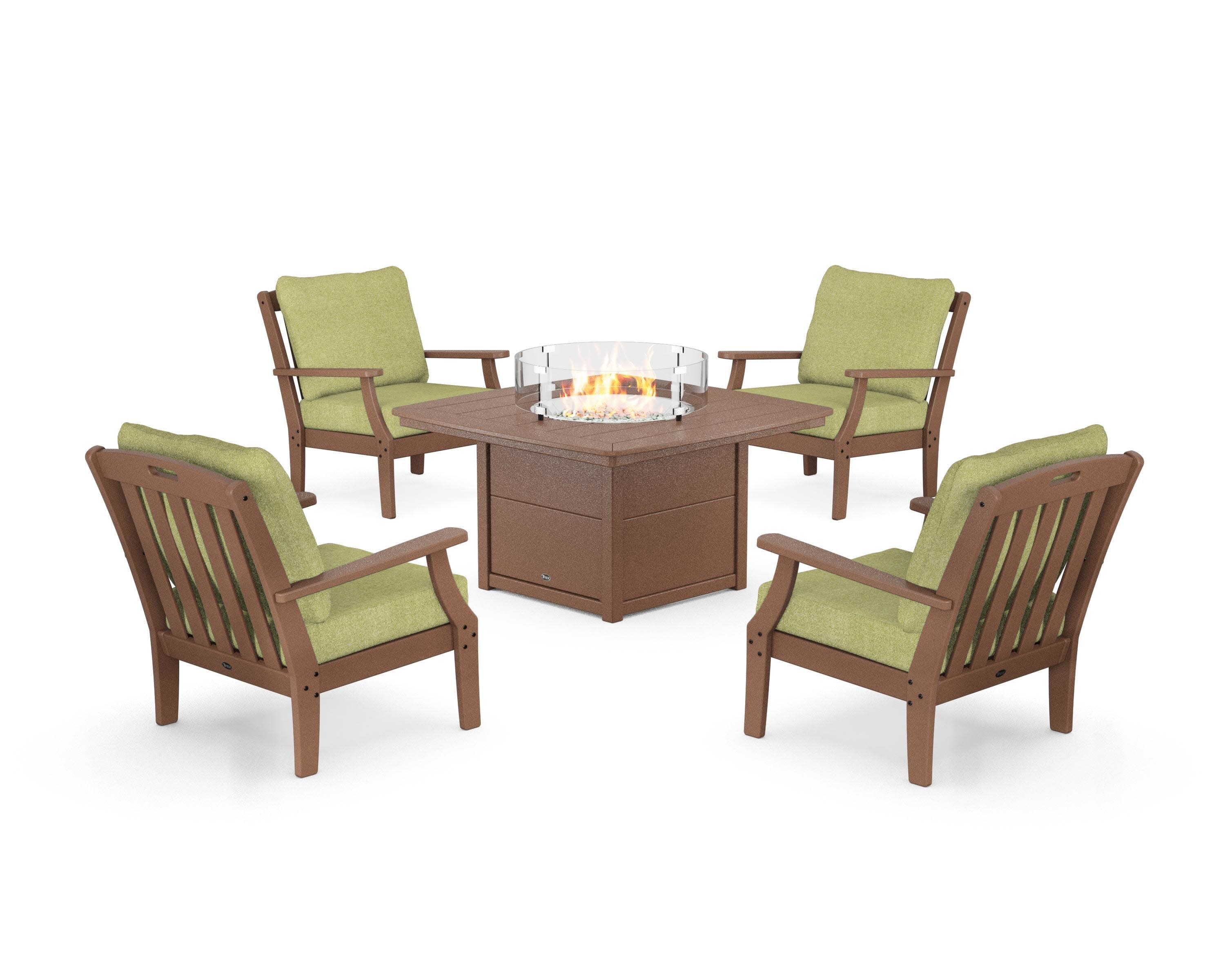 Yacht Club 5-Piece Deep Seating Set with Fire Pit Table in Tree House / Chartreuse Boucle
