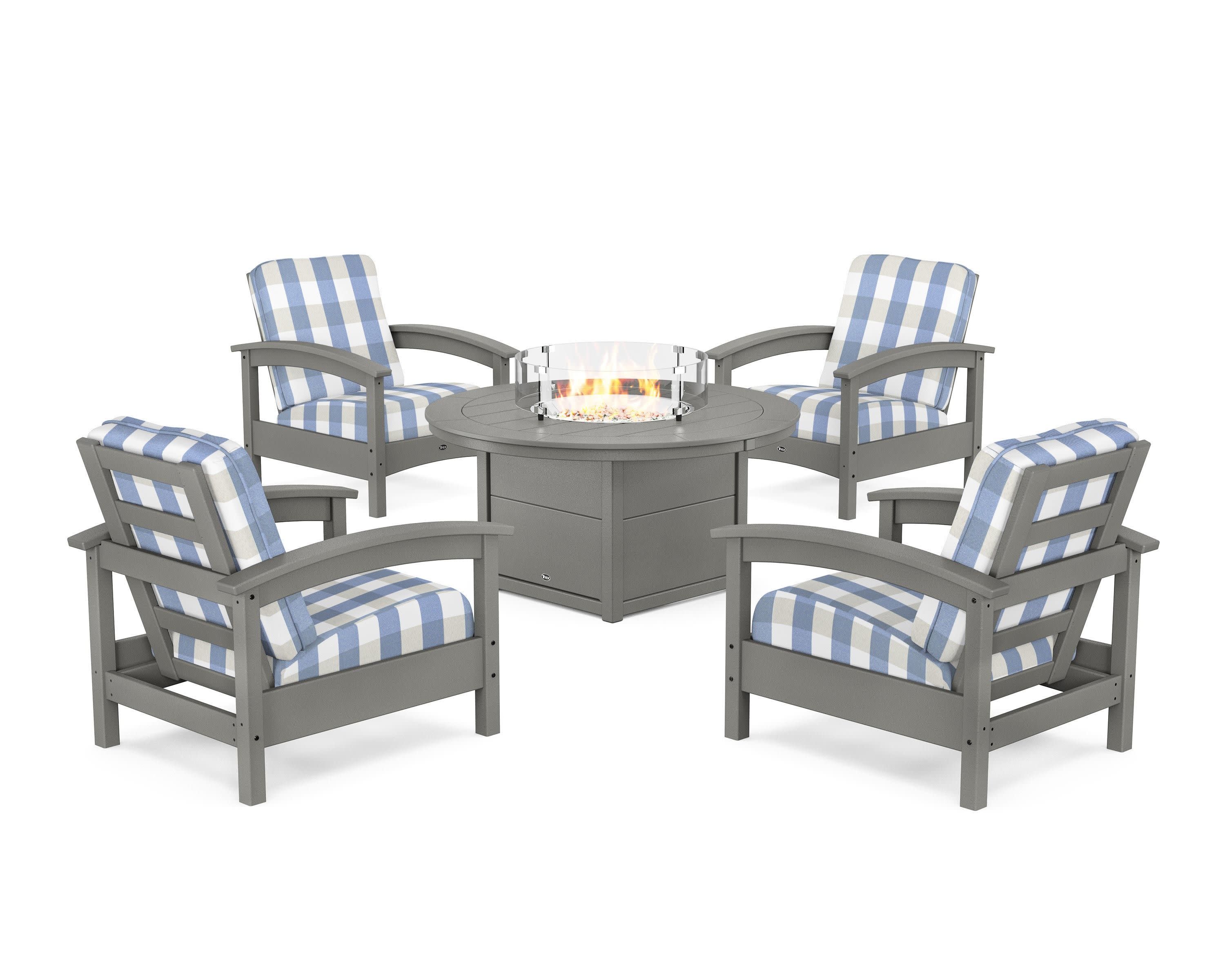 Rockport 5-Piece Deep Seating Set with Round Fire Pit Table in Stepping Stone / Buffalo Plaid Sky Blue