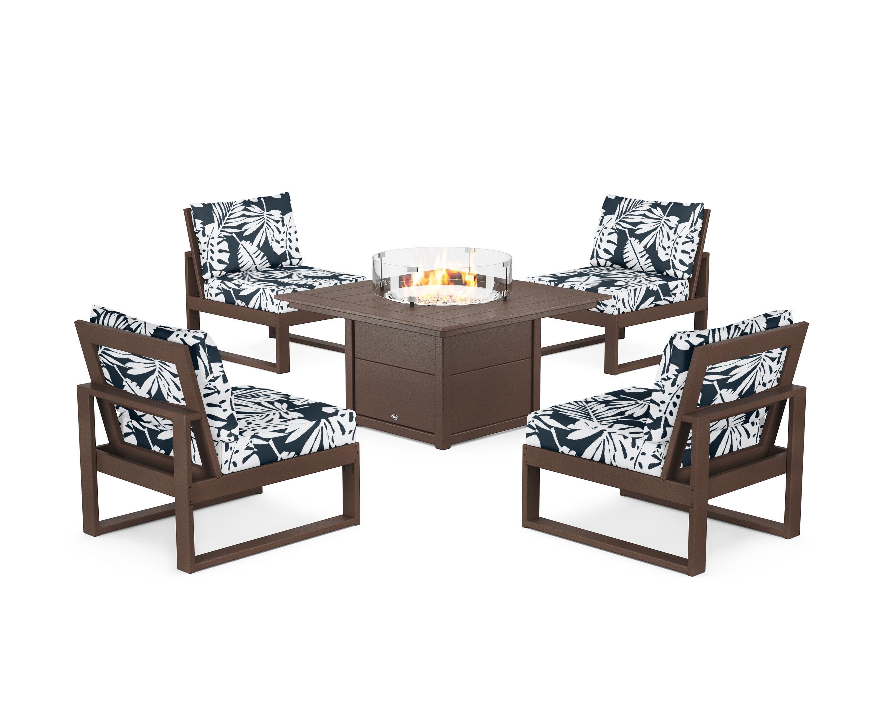 Eastport Modular 5-Piece Deep Seating Set with Square Fire Pit Table in Vintage Lantern / Leaf Marine Indigo