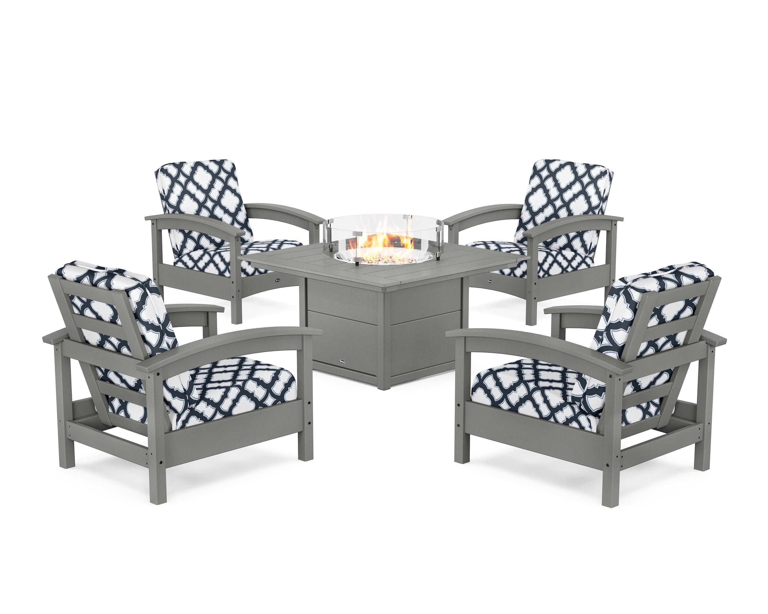 Rockport 5-Piece Deep Seating Set with Square Fire Pit Table in Stepping Stone / Trellis Marine Indigo