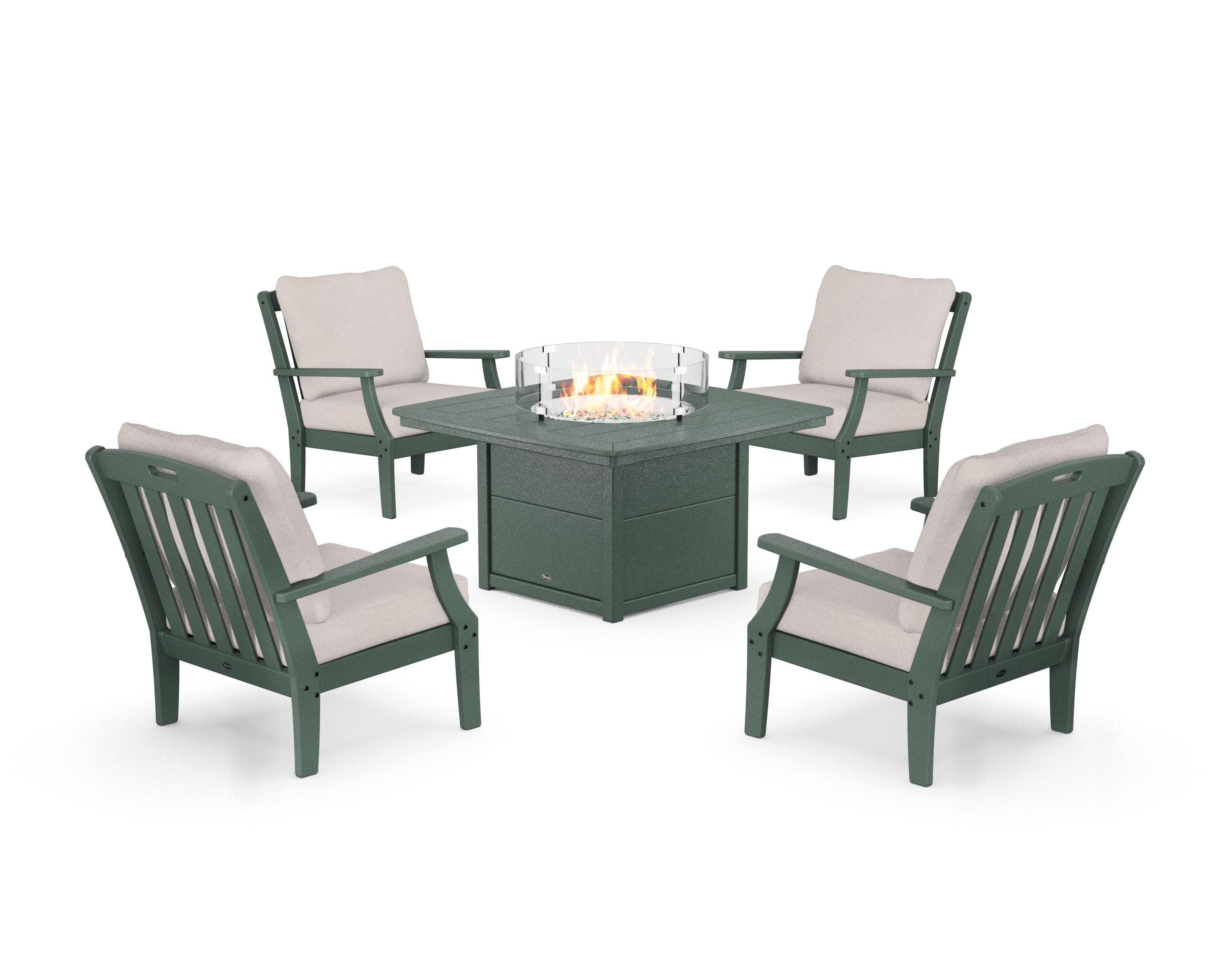 Yacht Club 5-Piece Deep Seating Set with Fire Pit Table in Rainforest Canopy / Dune Burlap