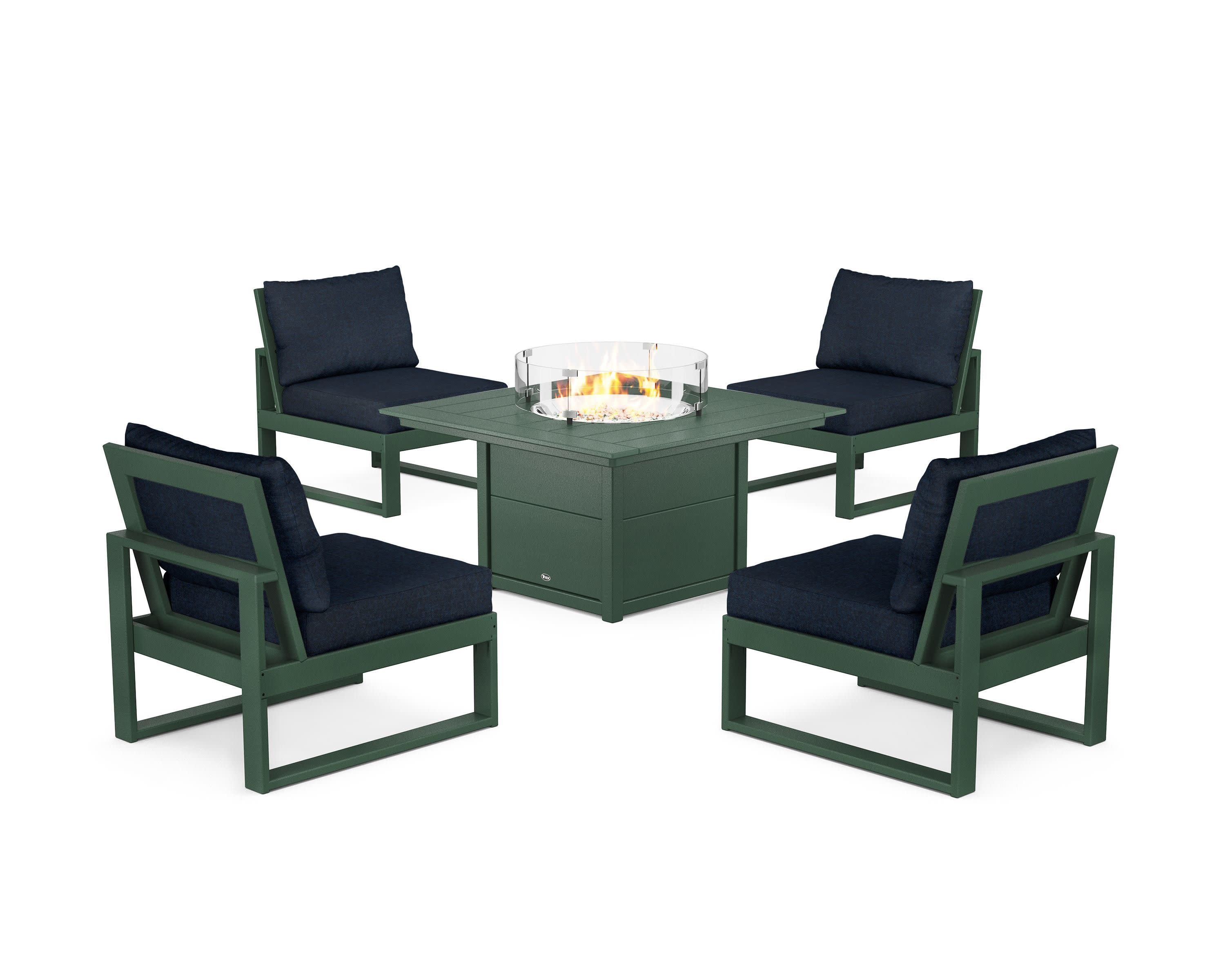 Eastport Modular 5-Piece Deep Seating Set with Square Fire Pit Table in Rainforest Canopy / Marine Indigo