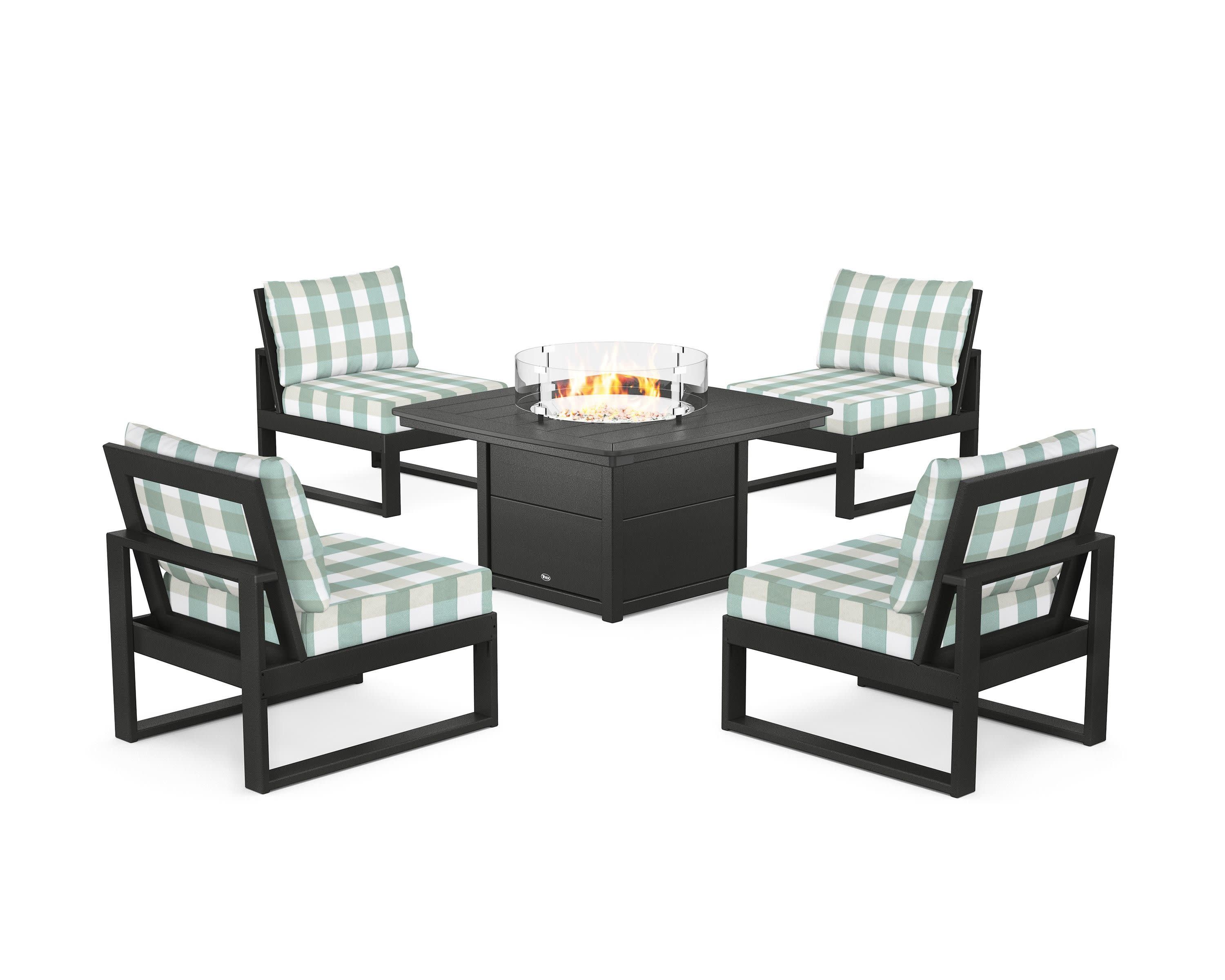 Eastport Modular 5-Piece Deep Seating Set with Yacht Club Fire Pit Table in Charcoal Black / Buffalo Plaid Glacier Spa
