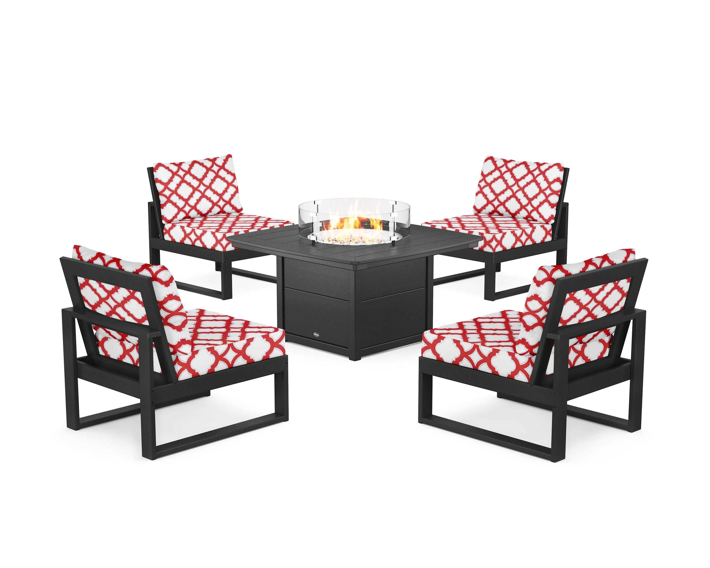Eastport Modular 5-Piece Deep Seating Set with Yacht Club Fire Pit Table in Charcoal Black / Trellis Crimson