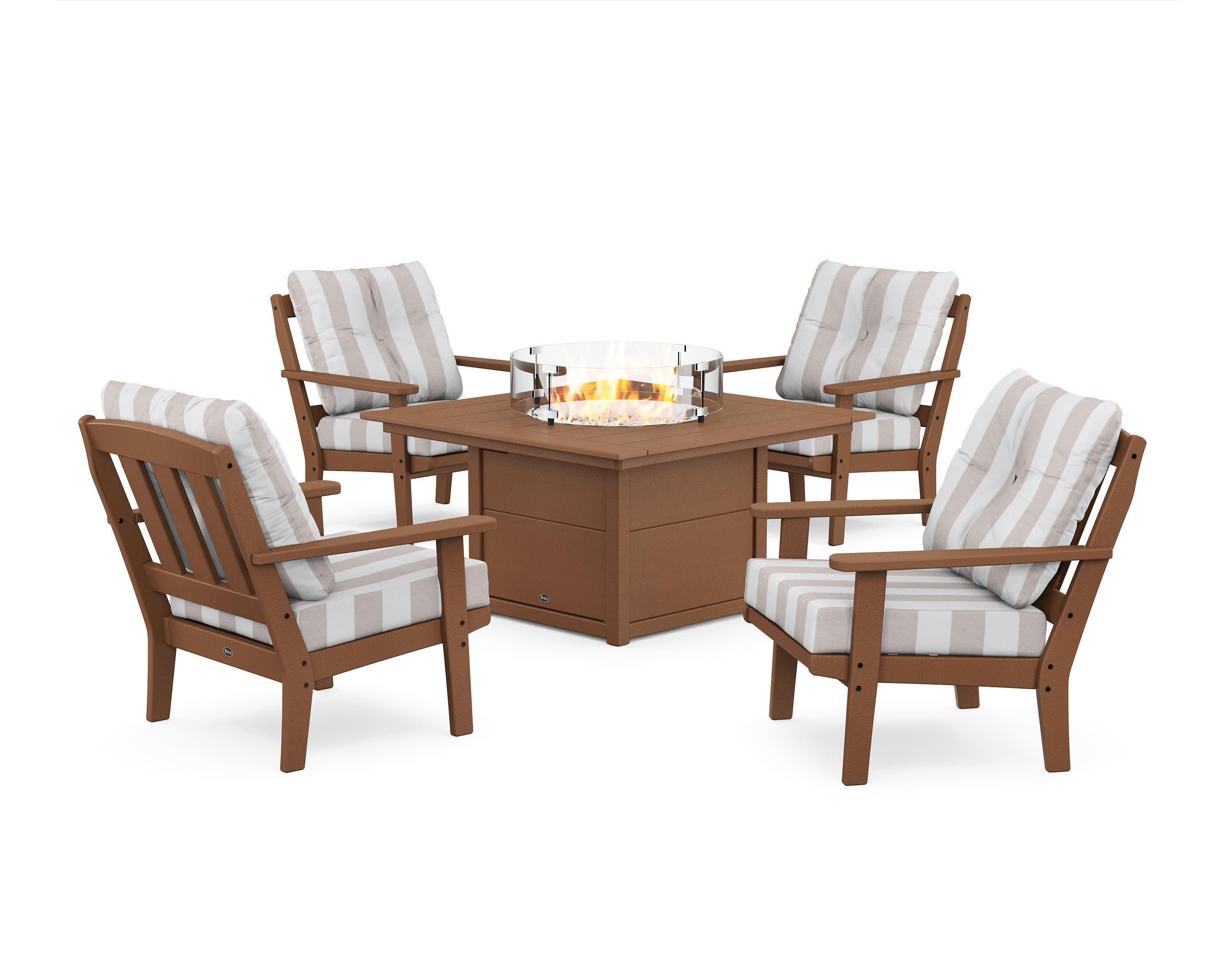 Cape Cod 5-Piece Deep Seating Set with Fire Pit Table in Tree House / Cabana Stripe Dune Burlap