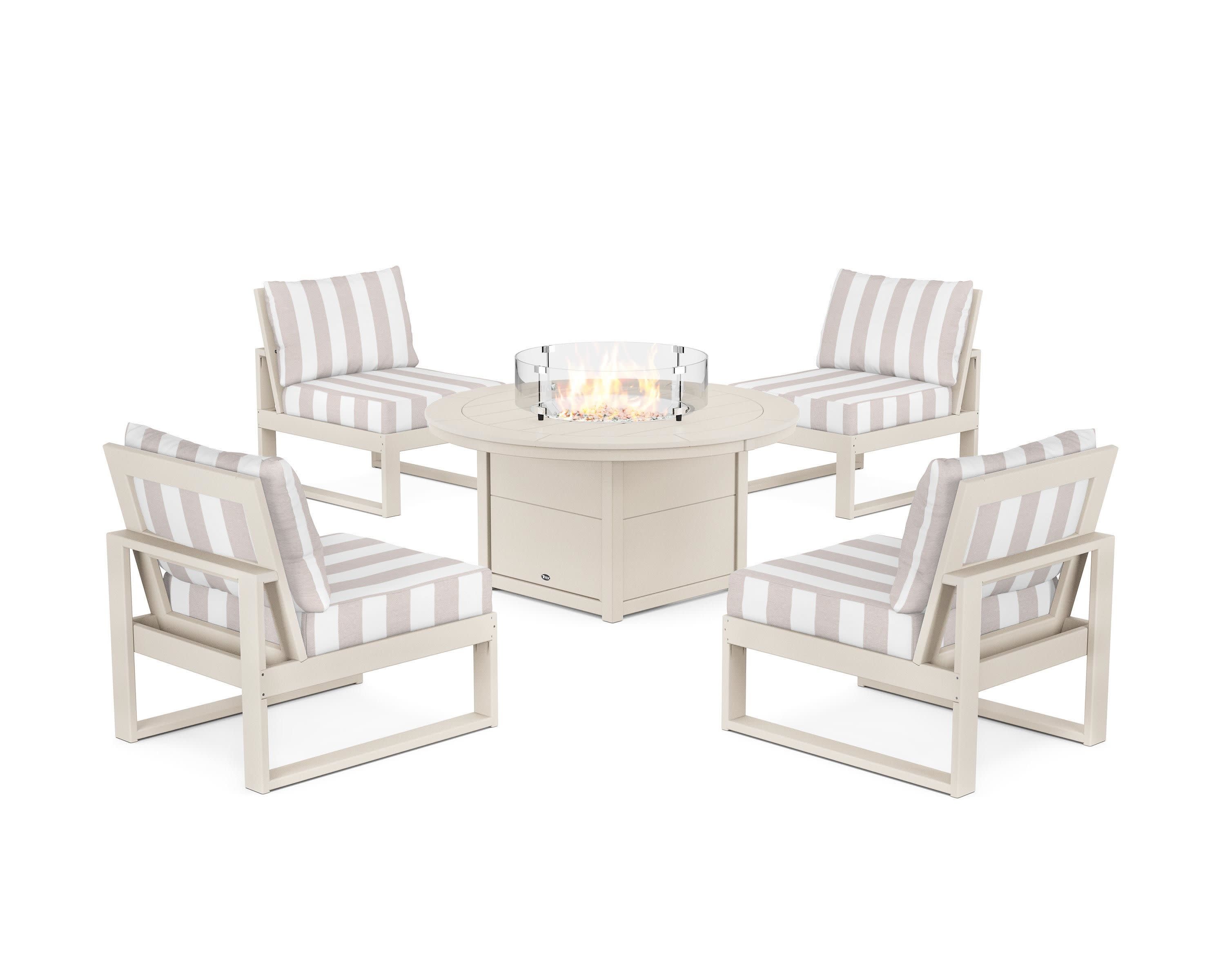 Eastport Modular 5-Piece Deep Seating Set with Round Fire Pit Table in Sand Castle / Cabana Stripe Dune Burlap