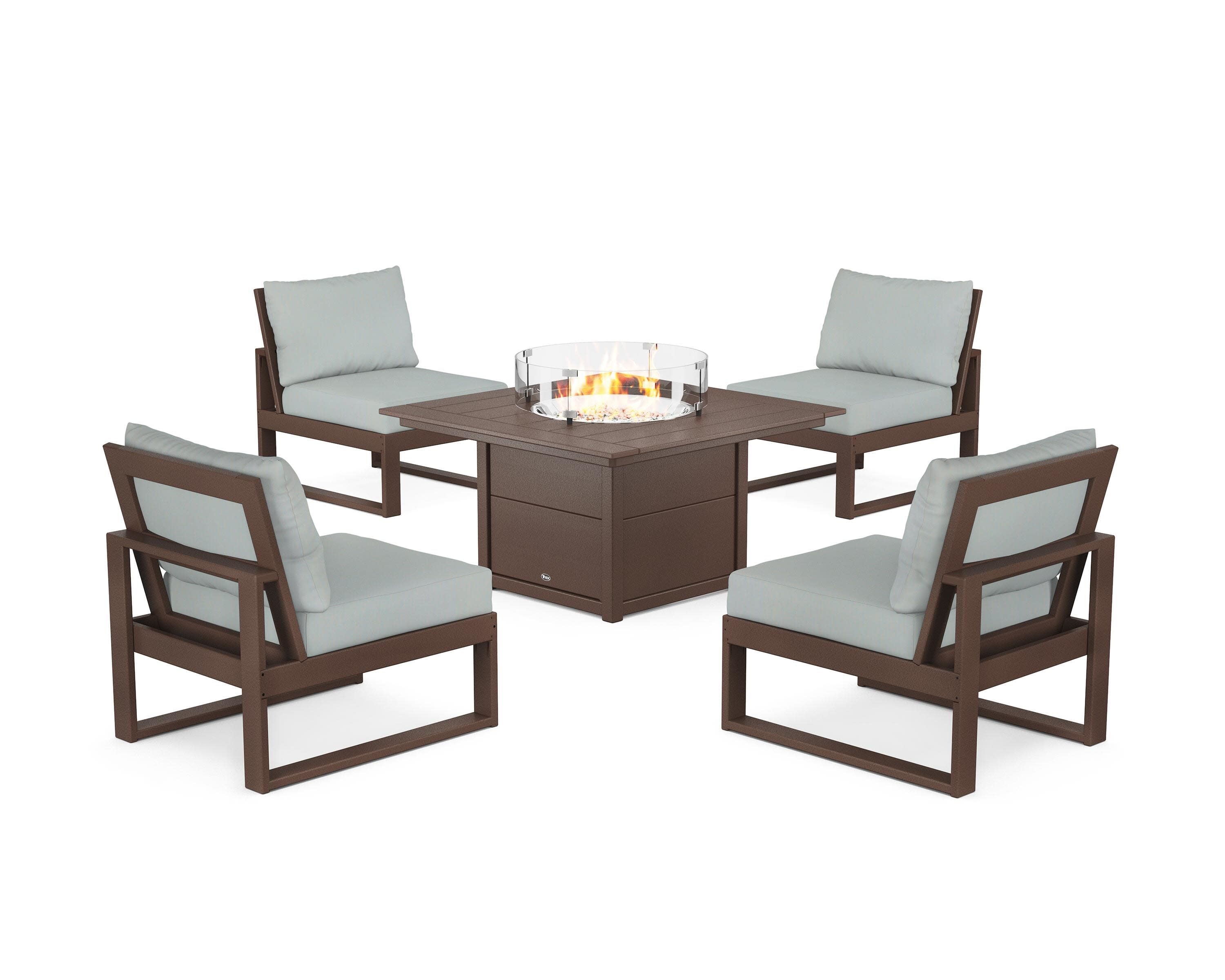 Eastport Modular 5-Piece Deep Seating Set with Square Fire Pit Table in Vintage Lantern / Spa