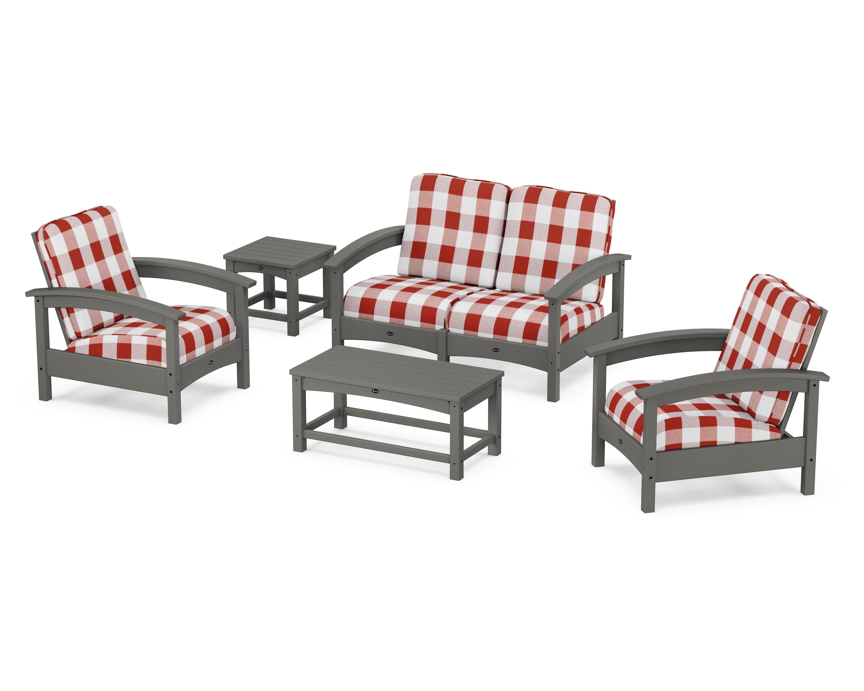 Rockport Club 6-Piece Deep Seating Conversation Set in Stepping Stone / Buffalo Plaid Crimson