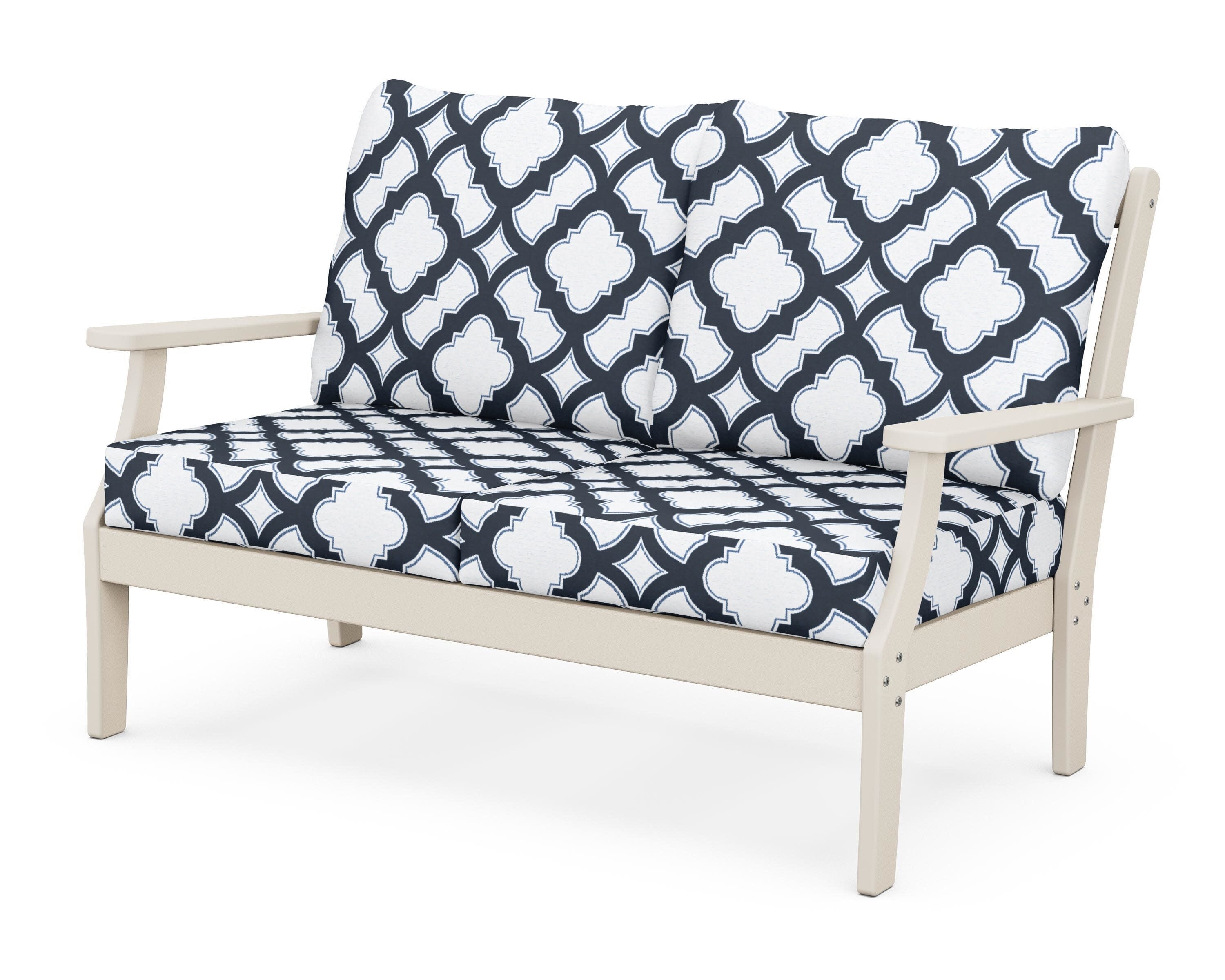 Yacht Club Deep Seating Loveseat in Sand Castle / Trellis Marine Indigo