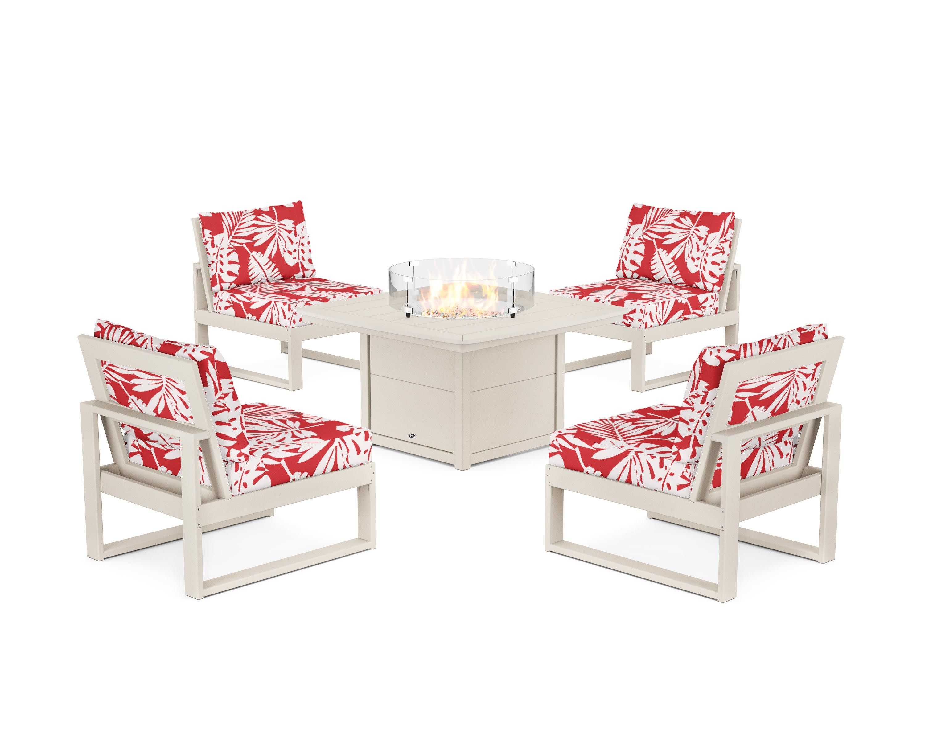 Eastport Modular 5-Piece Deep Seating Set with Yacht Club Fire Pit Table in Sand Castle / Leaf Crimson