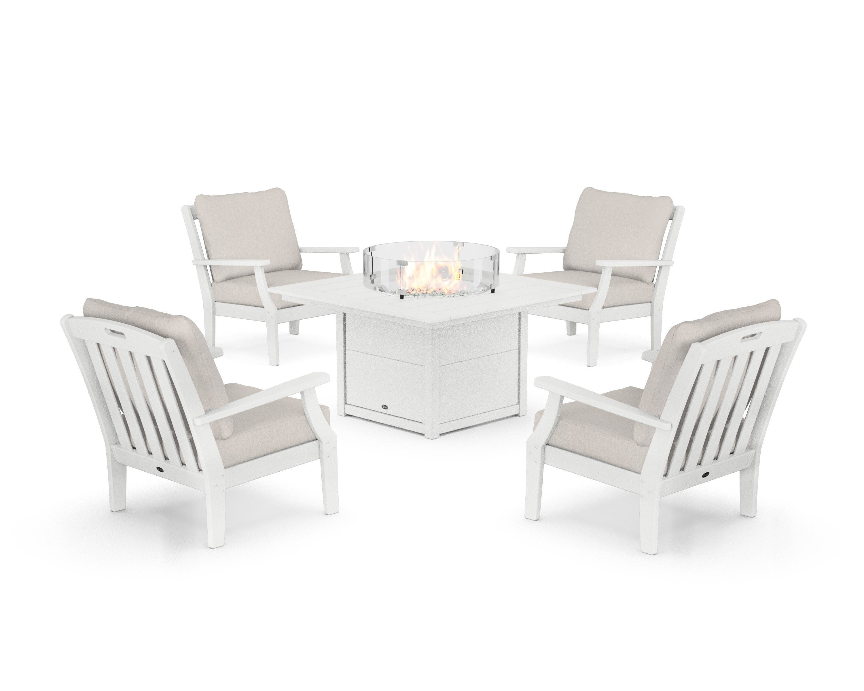 Yacht Club 5-Piece Deep Seating Set with Square Fire Pit Table in Classic White / Cast Ash