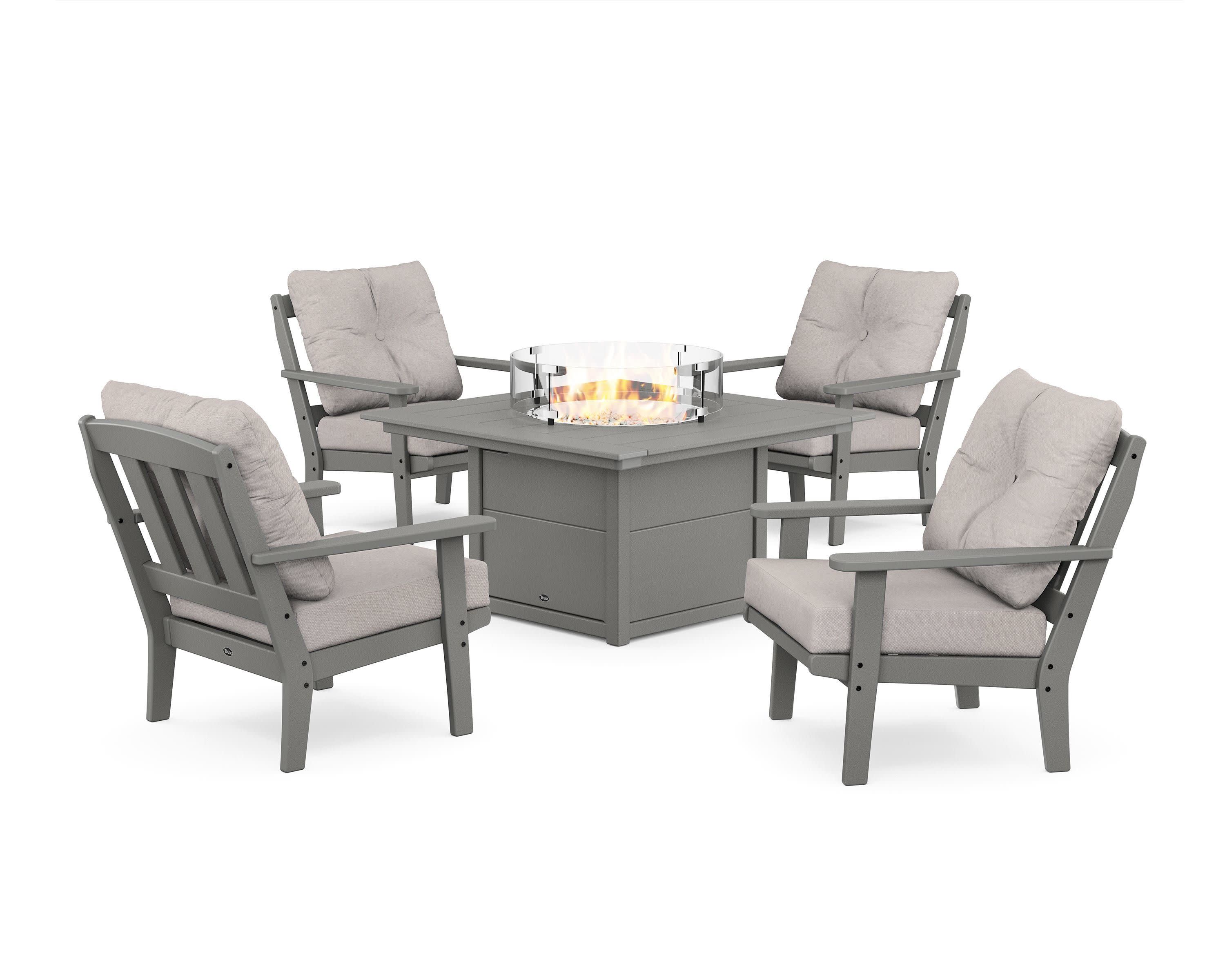 Cape Cod 5-Piece Deep Seating Set with Fire Pit Table in Stepping Stone / Dune Burlap
