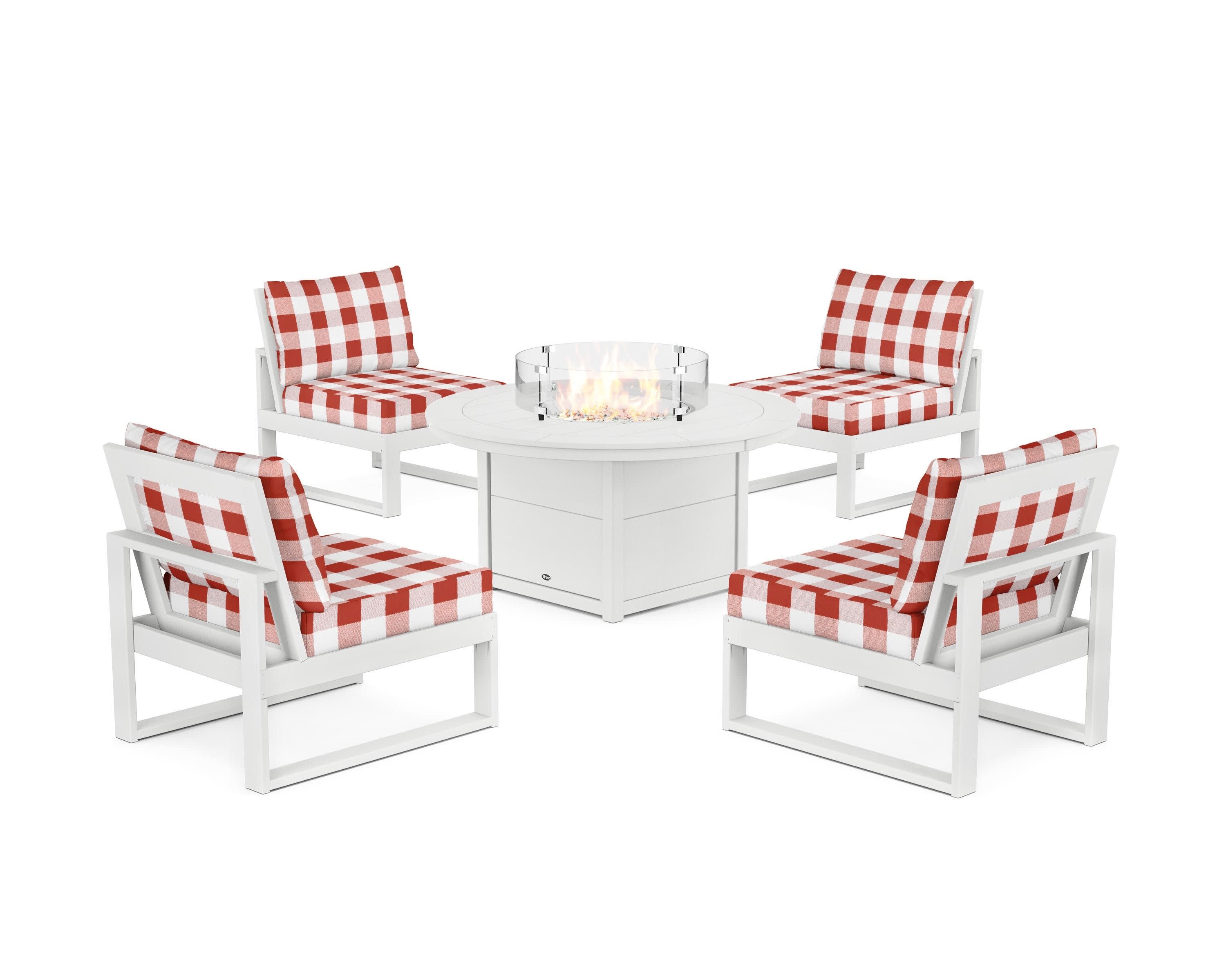 Eastport Modular 5-Piece Deep Seating Set with Round Fire Pit Table in Classic White / Buffalo Plaid Crimson