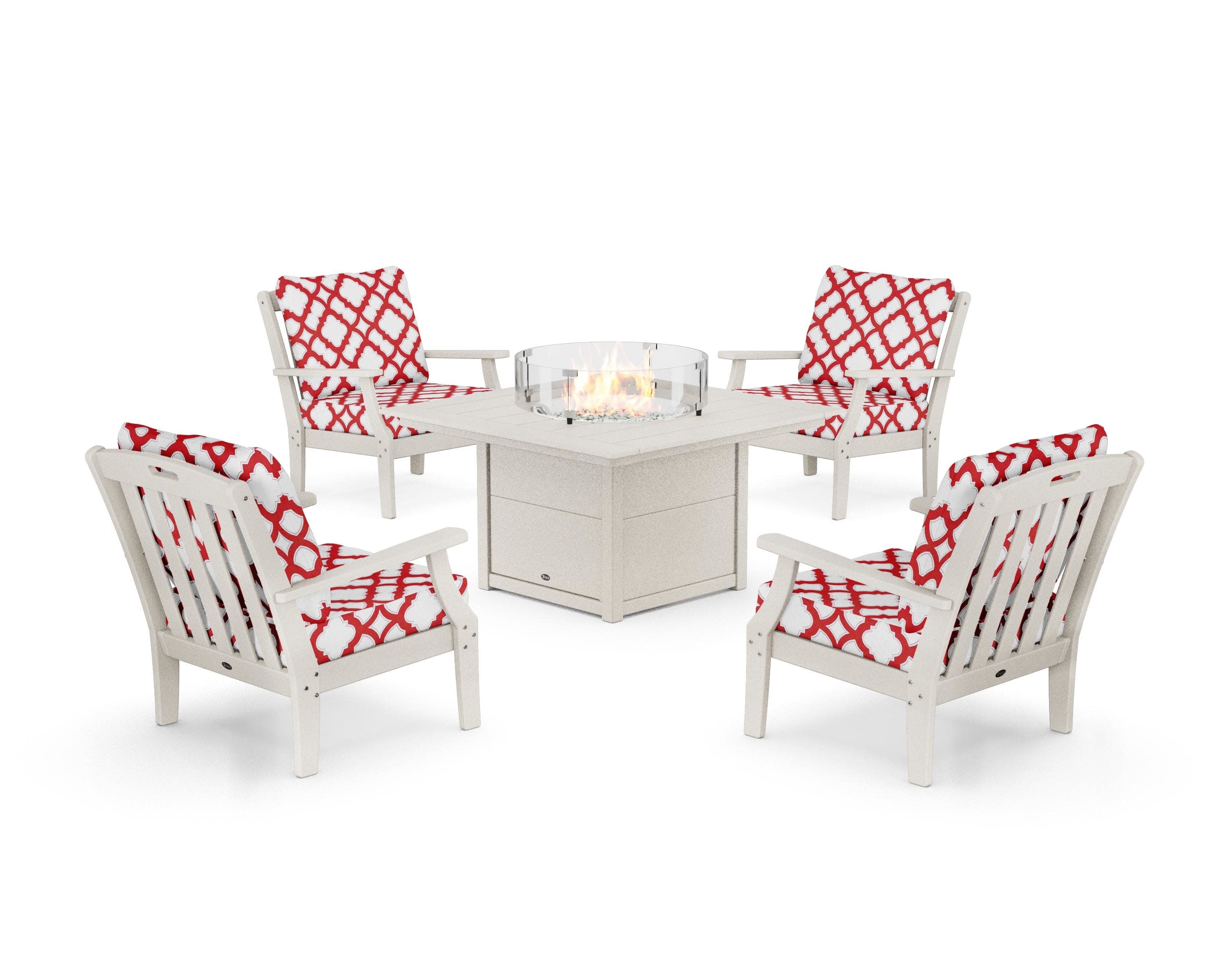 Yacht Club 5-Piece Deep Seating Set with Square Fire Pit Table in Sand Castle / Trellis Crimson