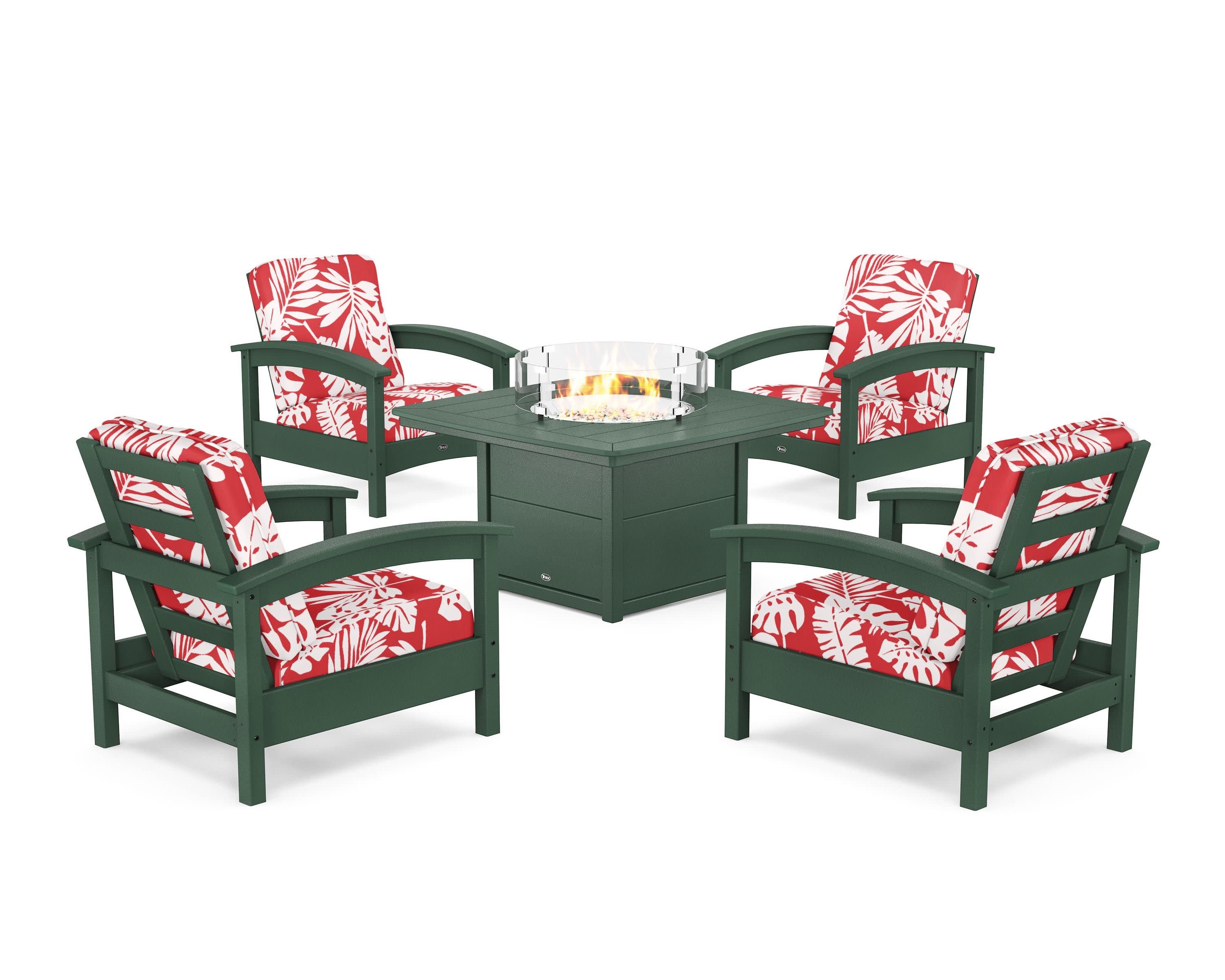 Rockport 5-Piece Deep Seating Set with Yacht Club Fire Pit Table in Rainforest Canopy / Leaf Crimson