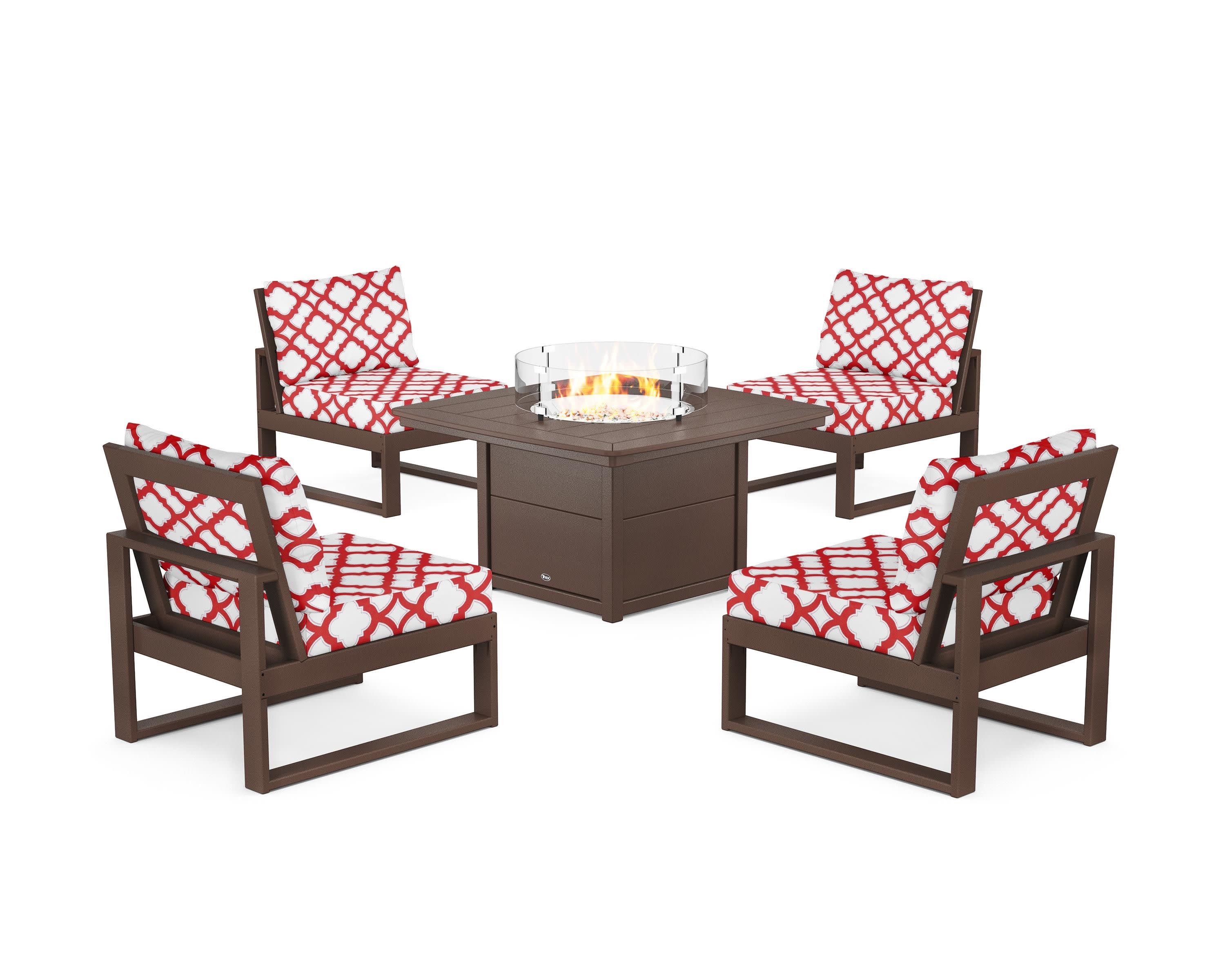 Eastport Modular 5-Piece Deep Seating Set with Yacht Club Fire Pit Table in Vintage Lantern / Trellis Crimson