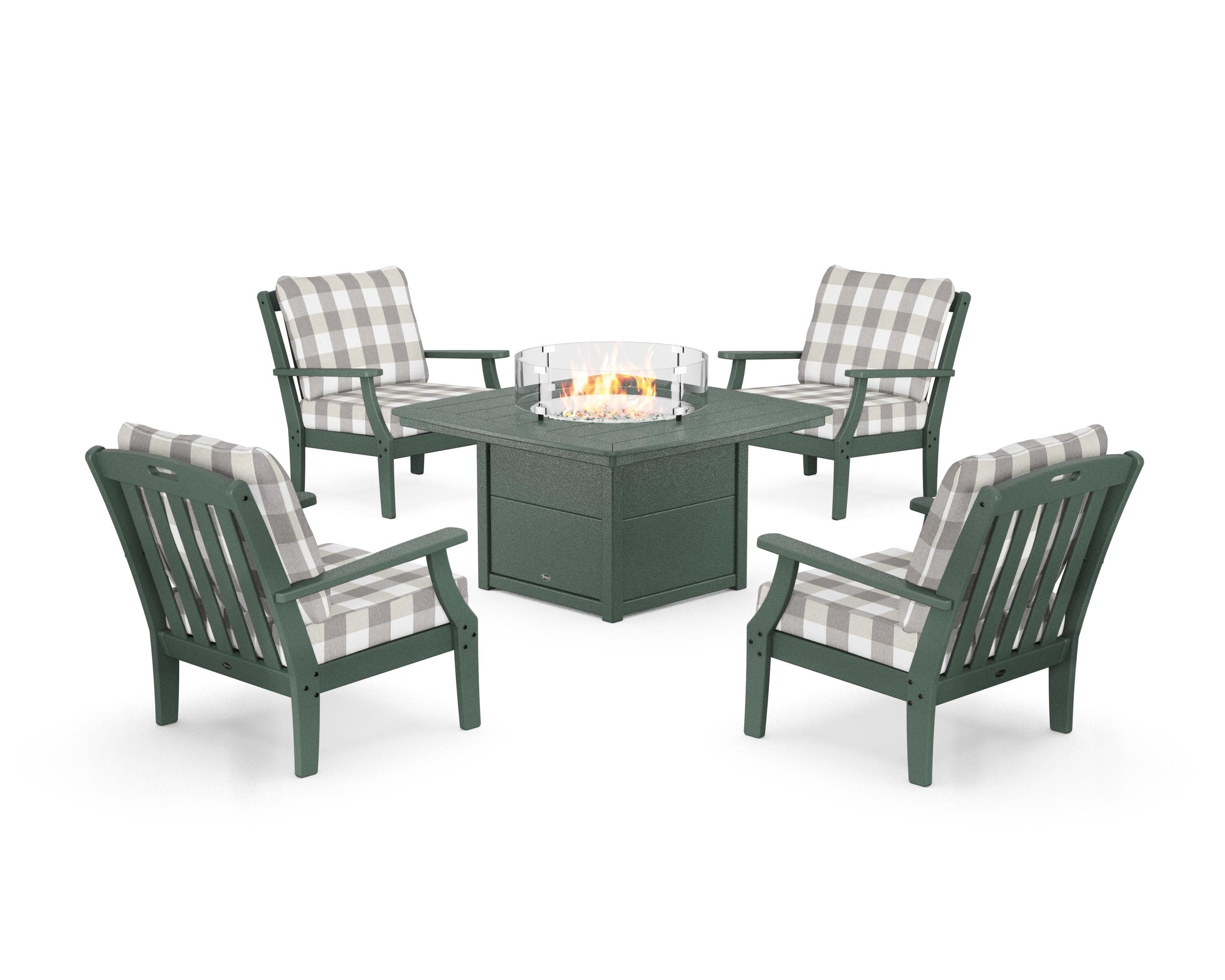 Yacht Club 5-Piece Deep Seating Set with Fire Pit Table in Rainforest Canopy / Buffalo Plaid Grey Mist