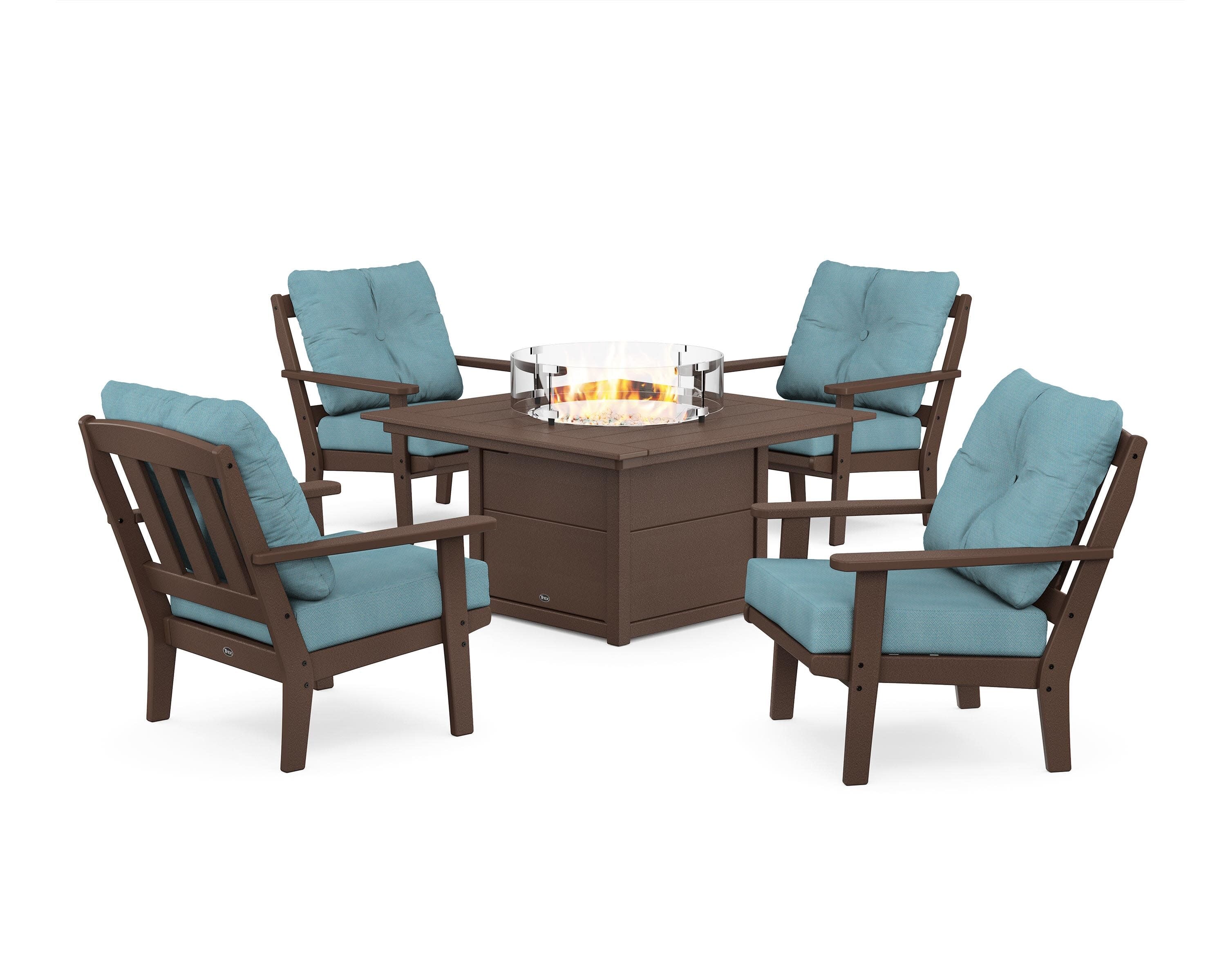 Cape Cod 5-Piece Deep Seating Set with Fire Pit Table in Vintage Lantern / Lattice Sky Blue