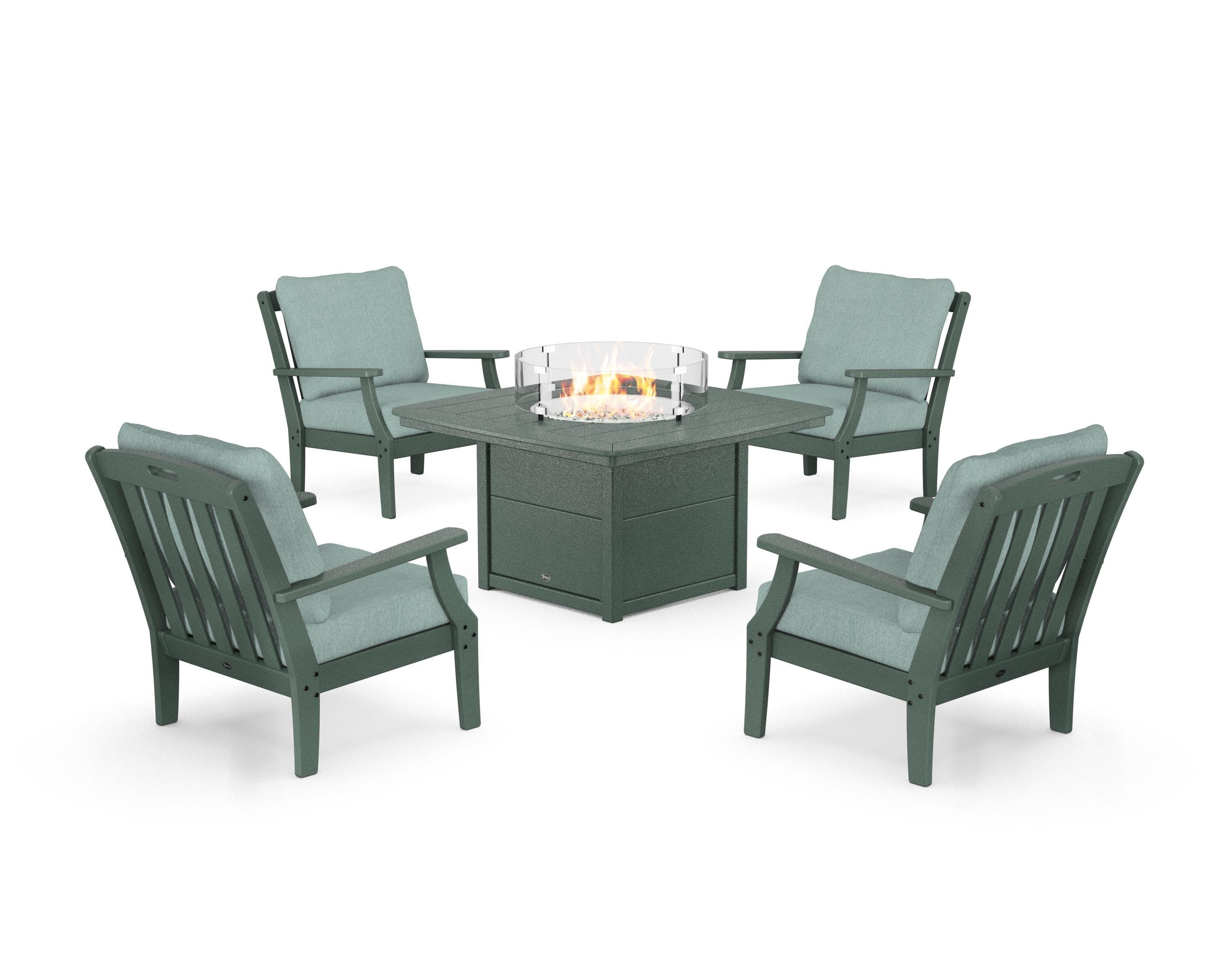 Yacht Club 5-Piece Deep Seating Set with Fire Pit Table in Rainforest Canopy / Glacier Spa
