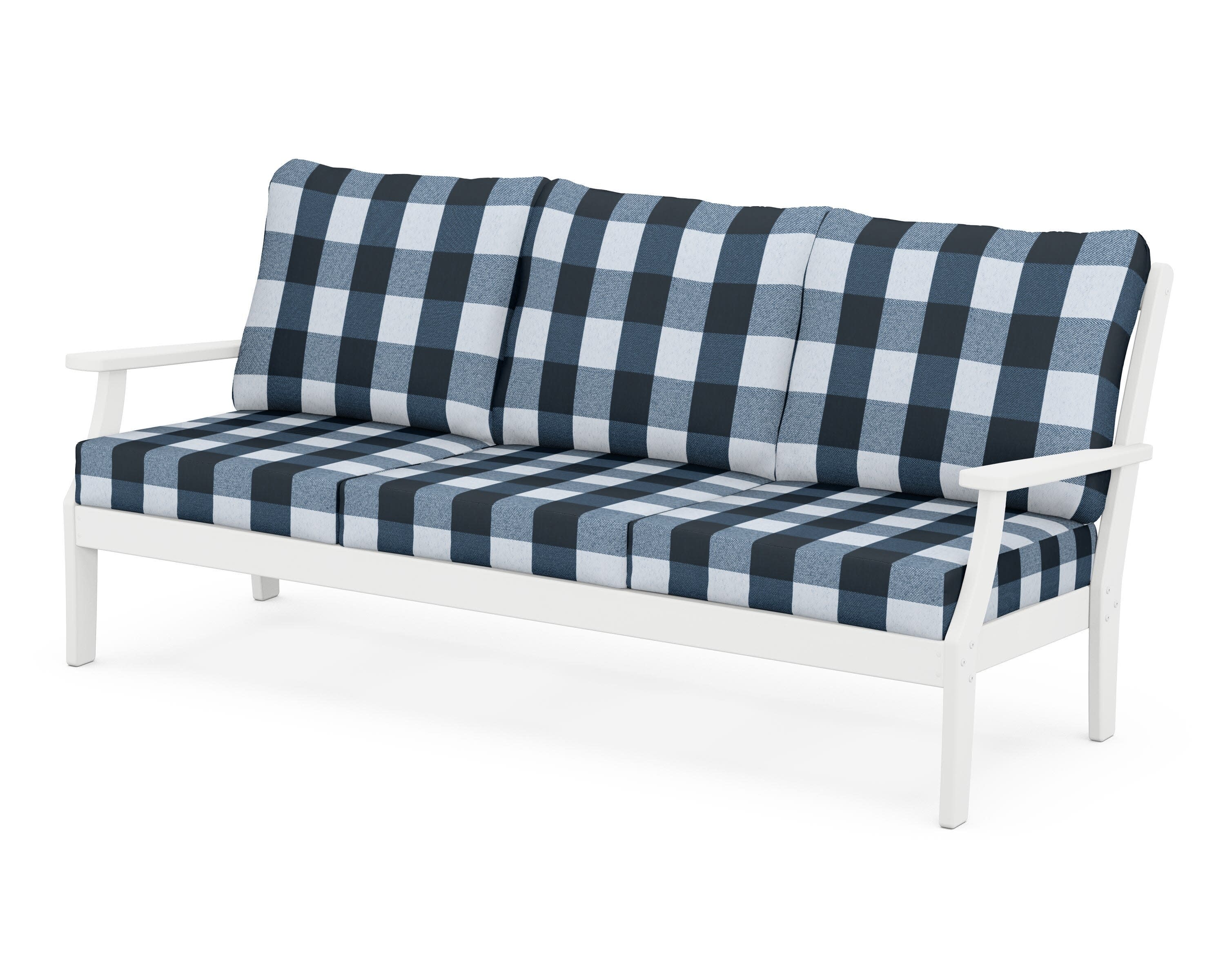 Yacht Club Deep Seating Sofa in Classic White / Buffalo Plaid Marine Indigo
