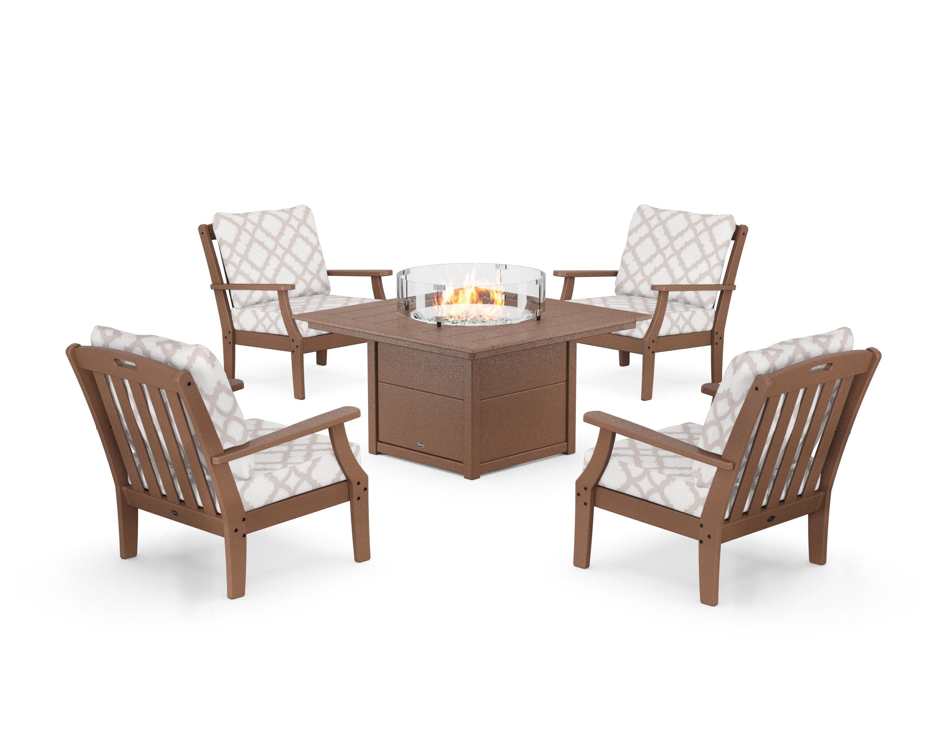 Yacht Club 5-Piece Deep Seating Set with Square Fire Pit Table in Tree House / Trellis Dune Burlap