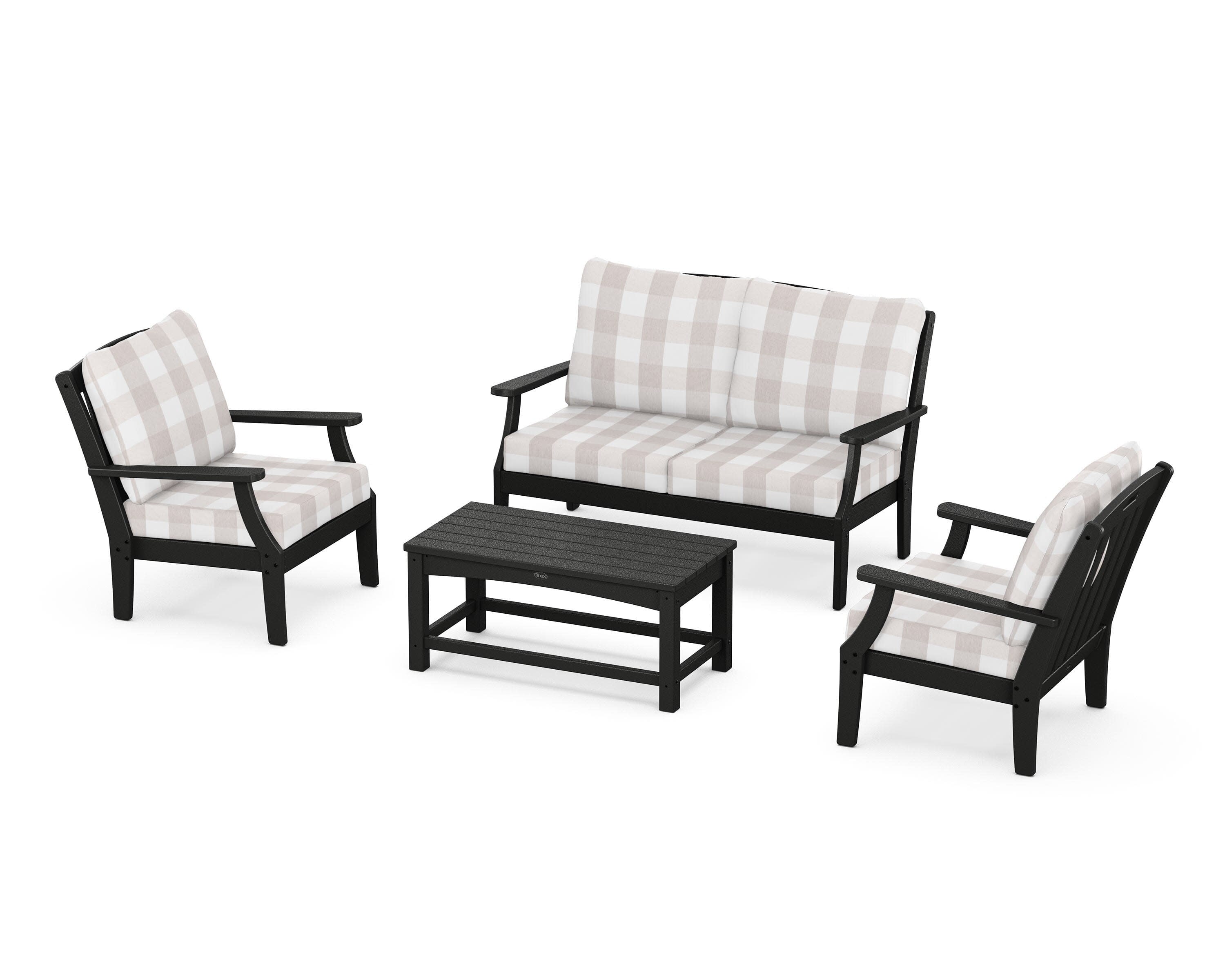 Yacht Club 4-Piece Deep Seating Chair Set in Charcoal Black / Buffalo Plaid Dune Burlap