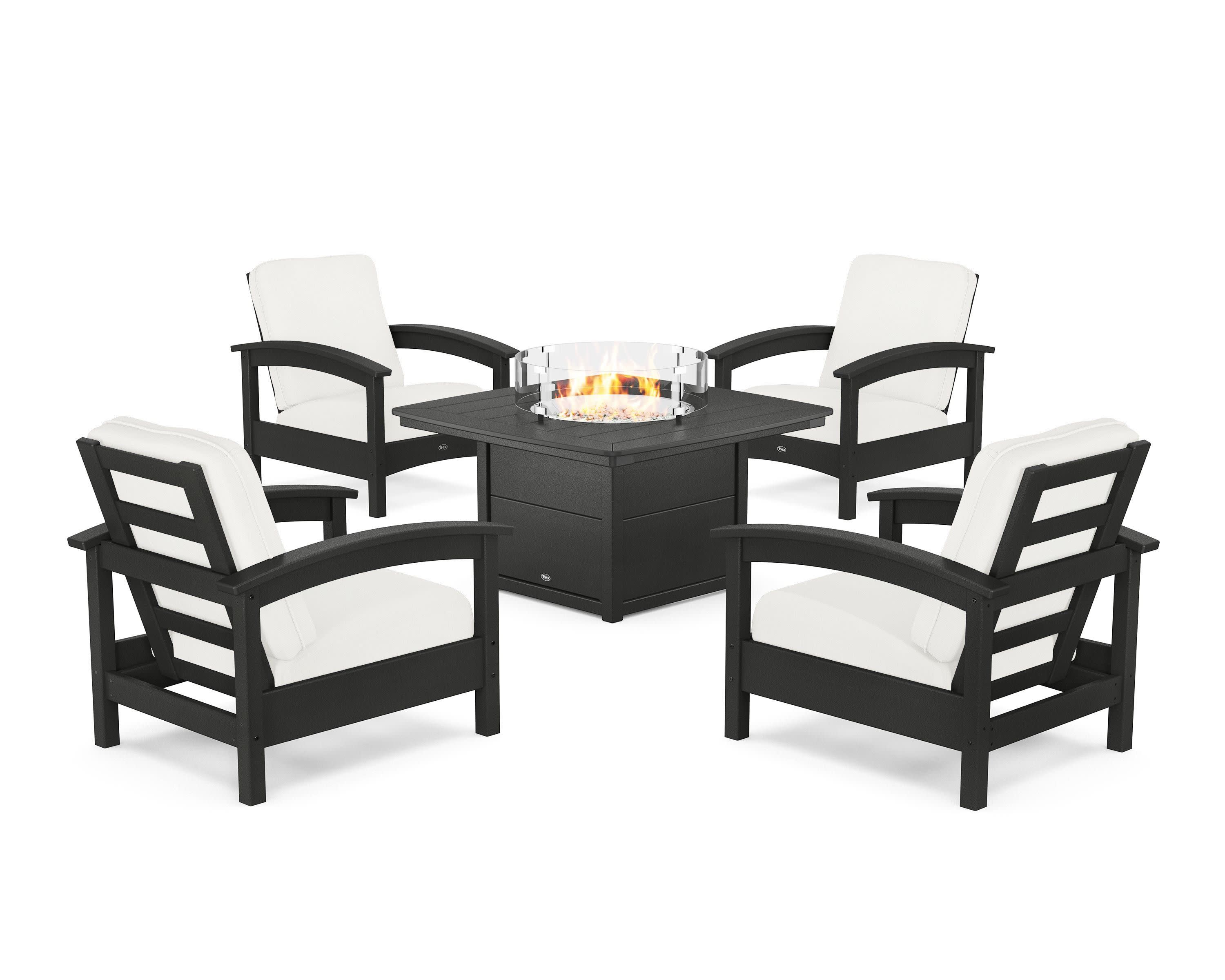 Rockport 5-Piece Deep Seating Set with Yacht Club Fire Pit Table in Charcoal Black / Natural Linen