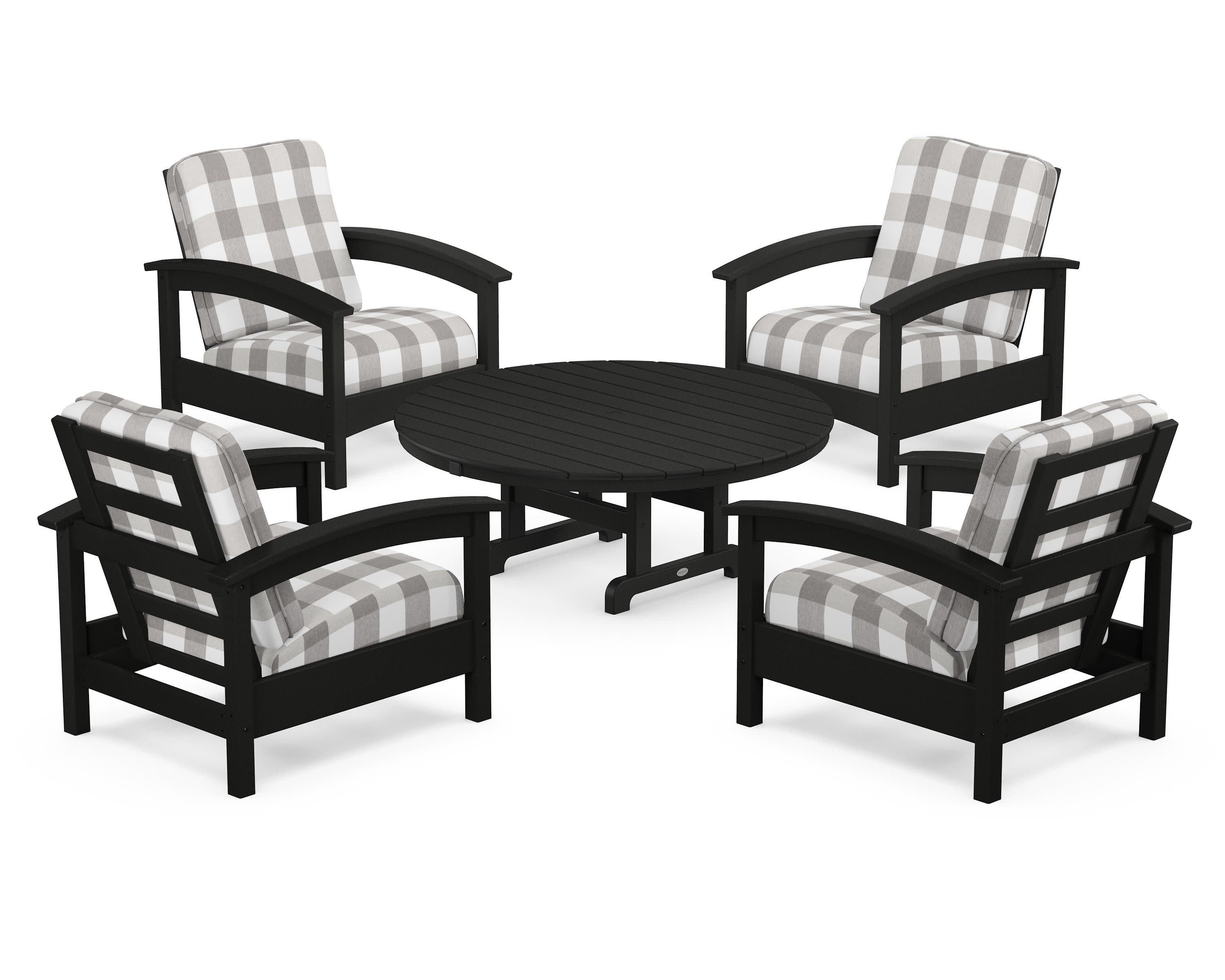 Rockport 5-Piece Deep Seating Set in Charcoal Black / Buffalo Plaid Grey Mist