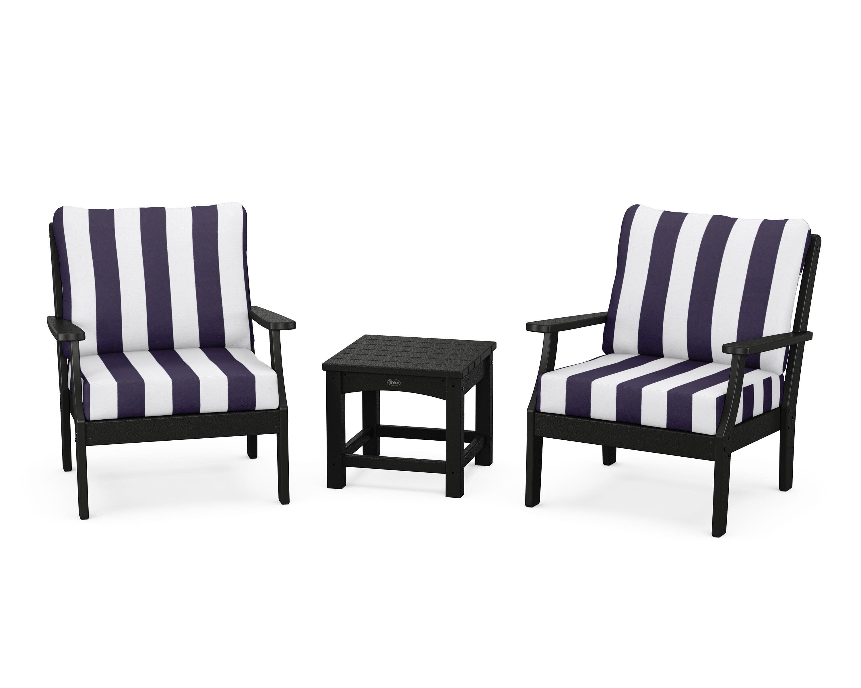 Yacht Club 3-Piece Deep Seating Set in Charcoal Black / Cabana Stripe Navy