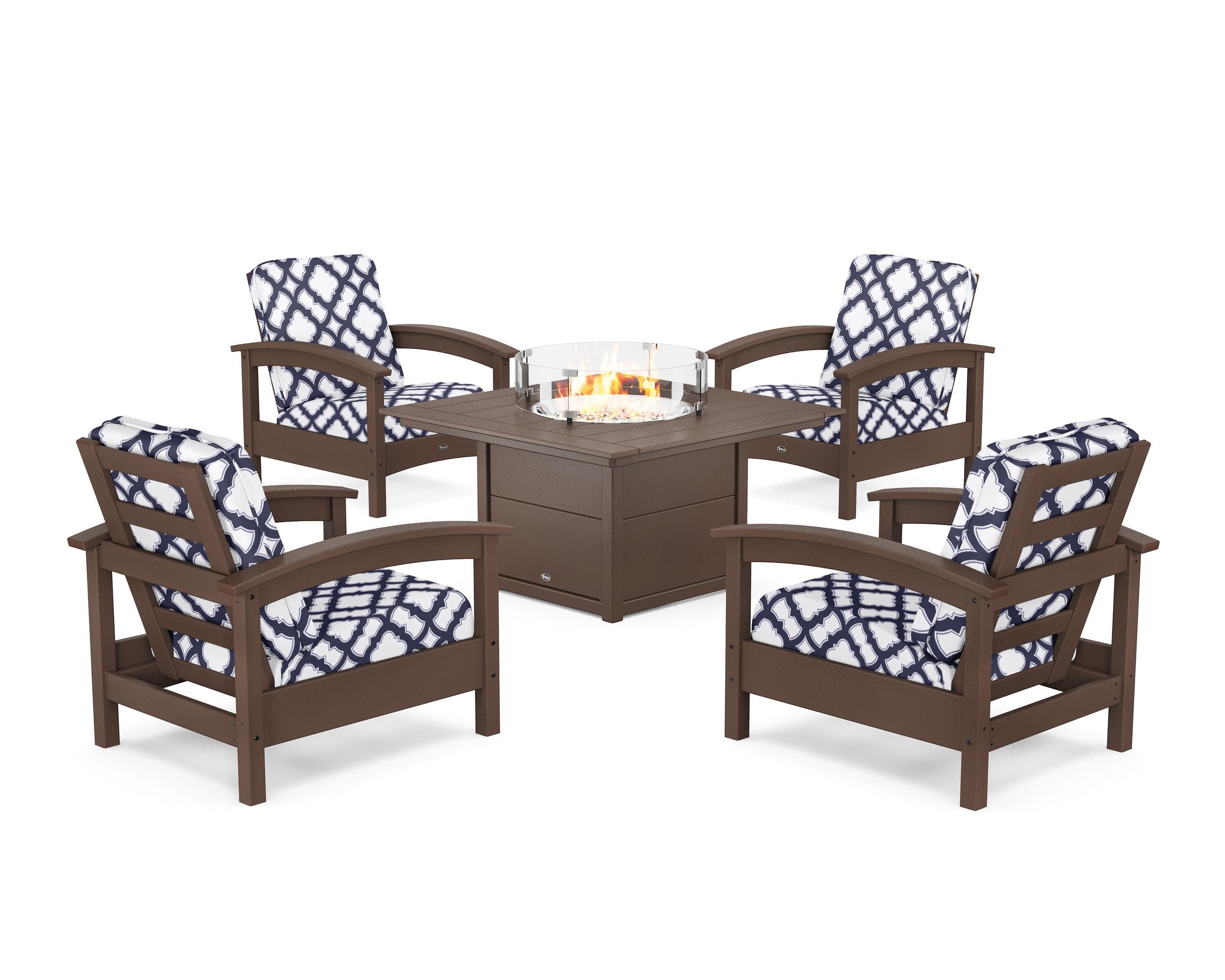 Rockport 5-Piece Deep Seating Set with Square Fire Pit Table in Vintage Lantern / Trellis Navy