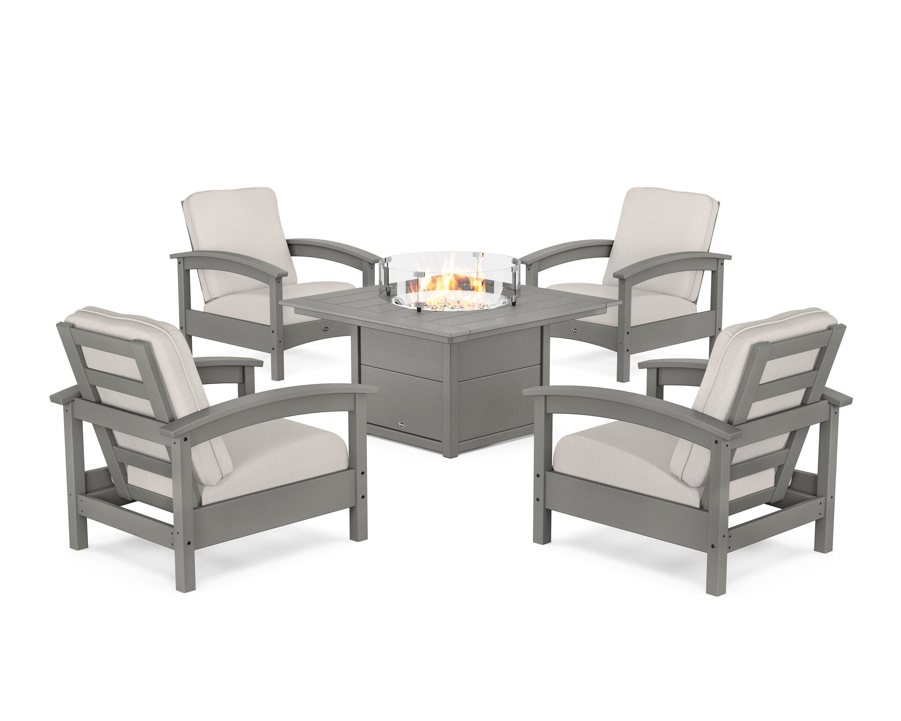Rockport 5-Piece Deep Seating Set with Square Fire Pit Table in Stepping Stone / Cast Ash