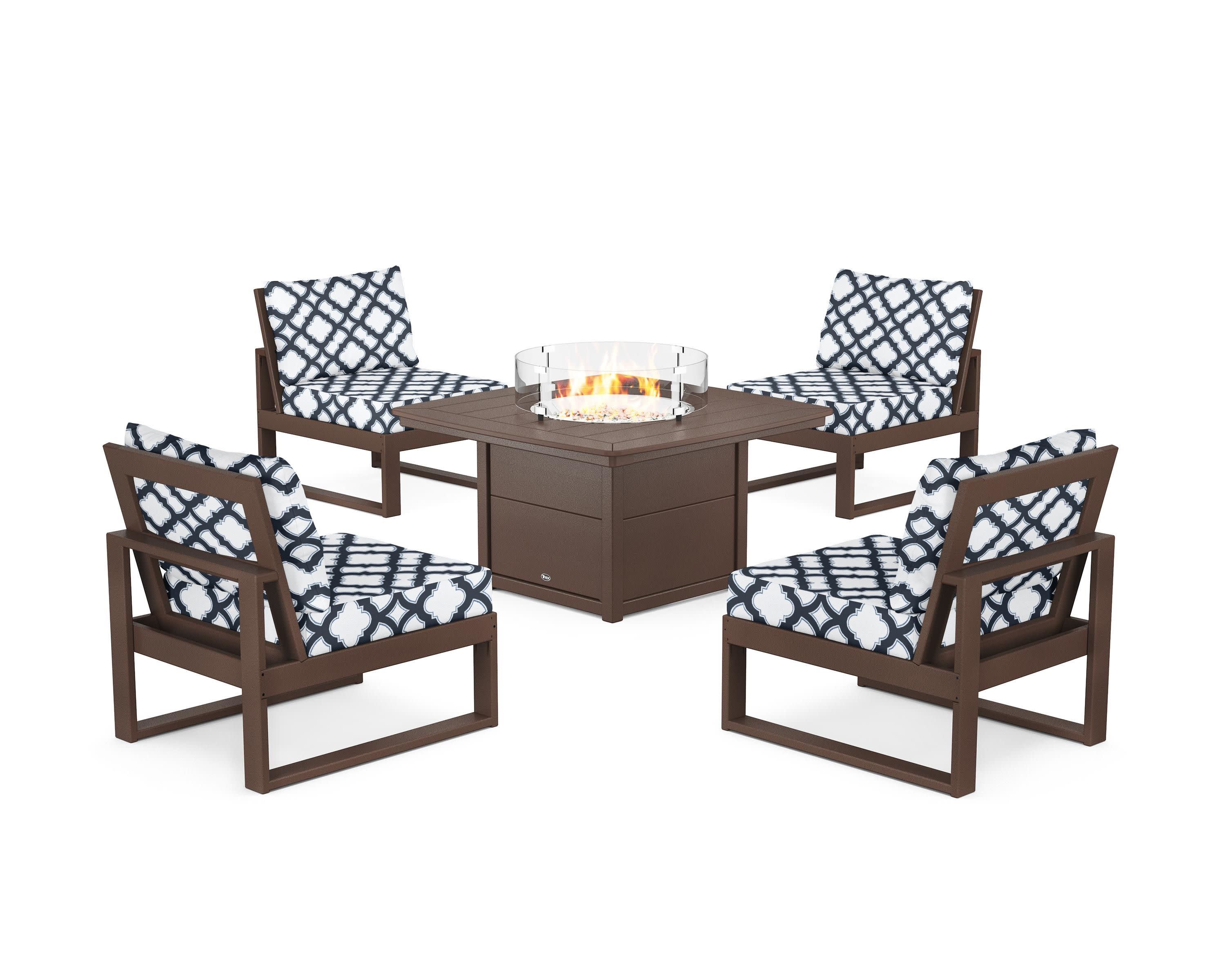 Eastport Modular 5-Piece Deep Seating Set with Yacht Club Fire Pit Table in Vintage Lantern / Trellis Marine Indigo