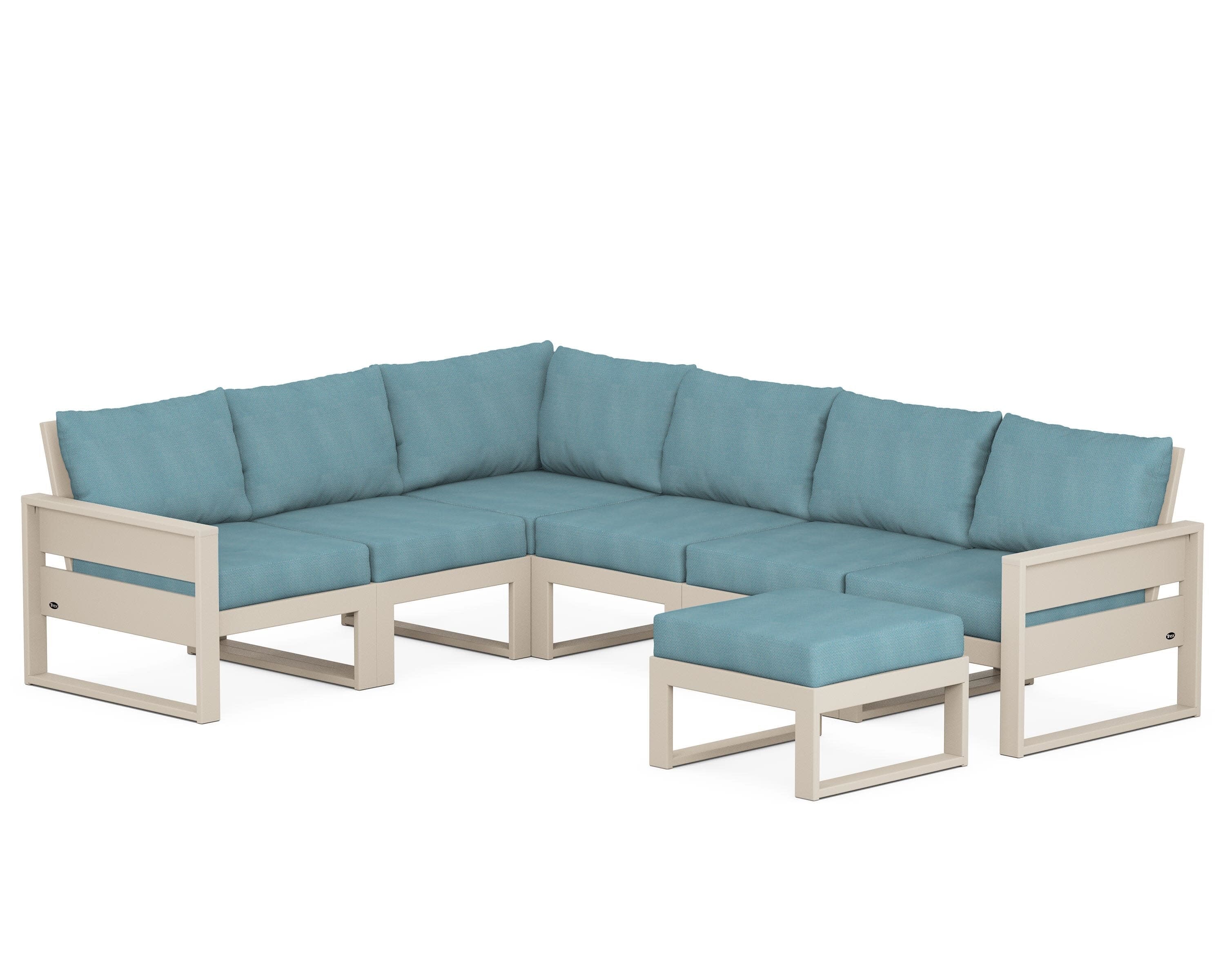 Eastport 6-Piece Sectional with Ottoman in Sand Castle / Lattice Sky Blue