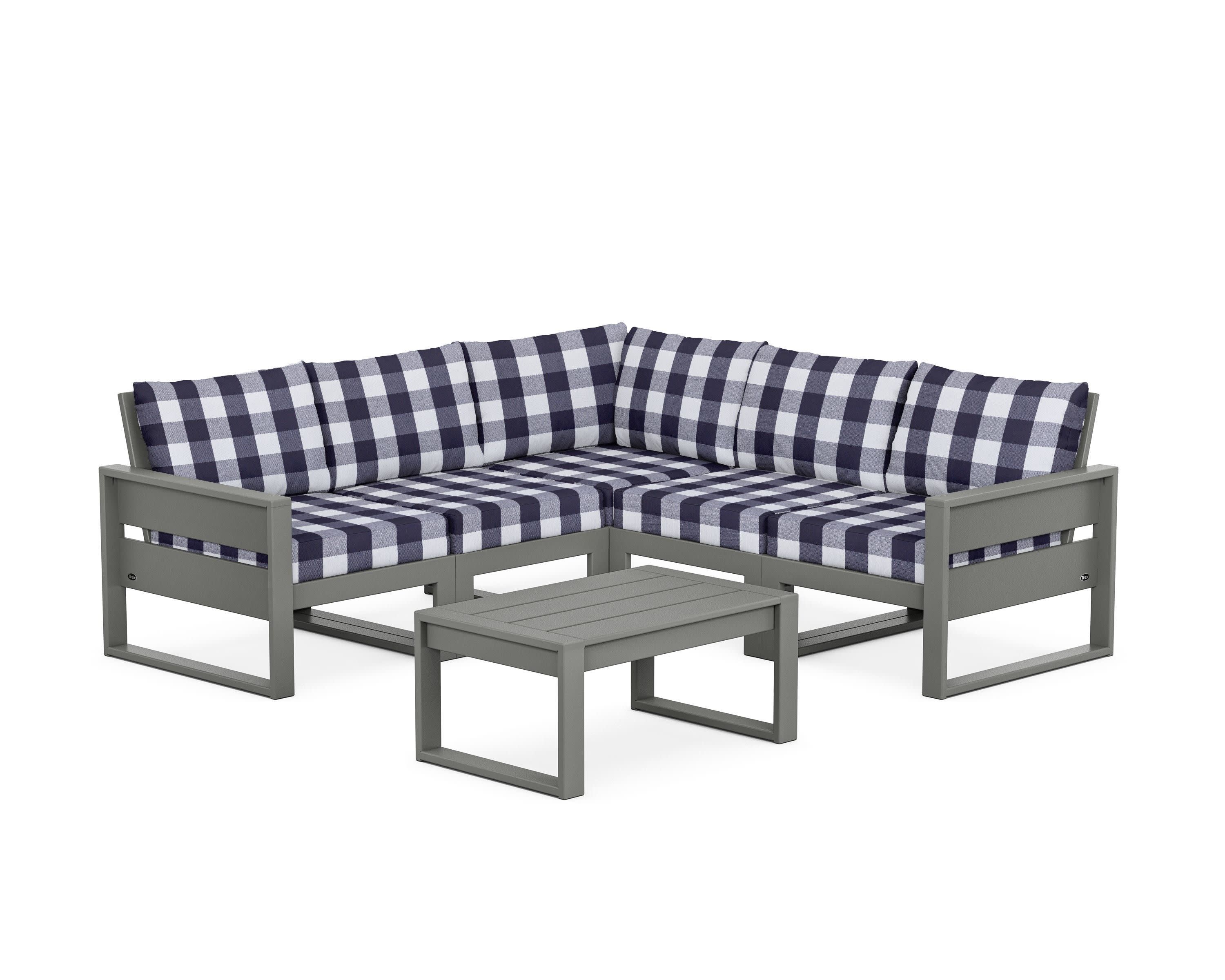 Eastport 6-Piece Deep Seating Sectional + Coffee Table Set in Stepping Stone / Buffalo Plaid Navy