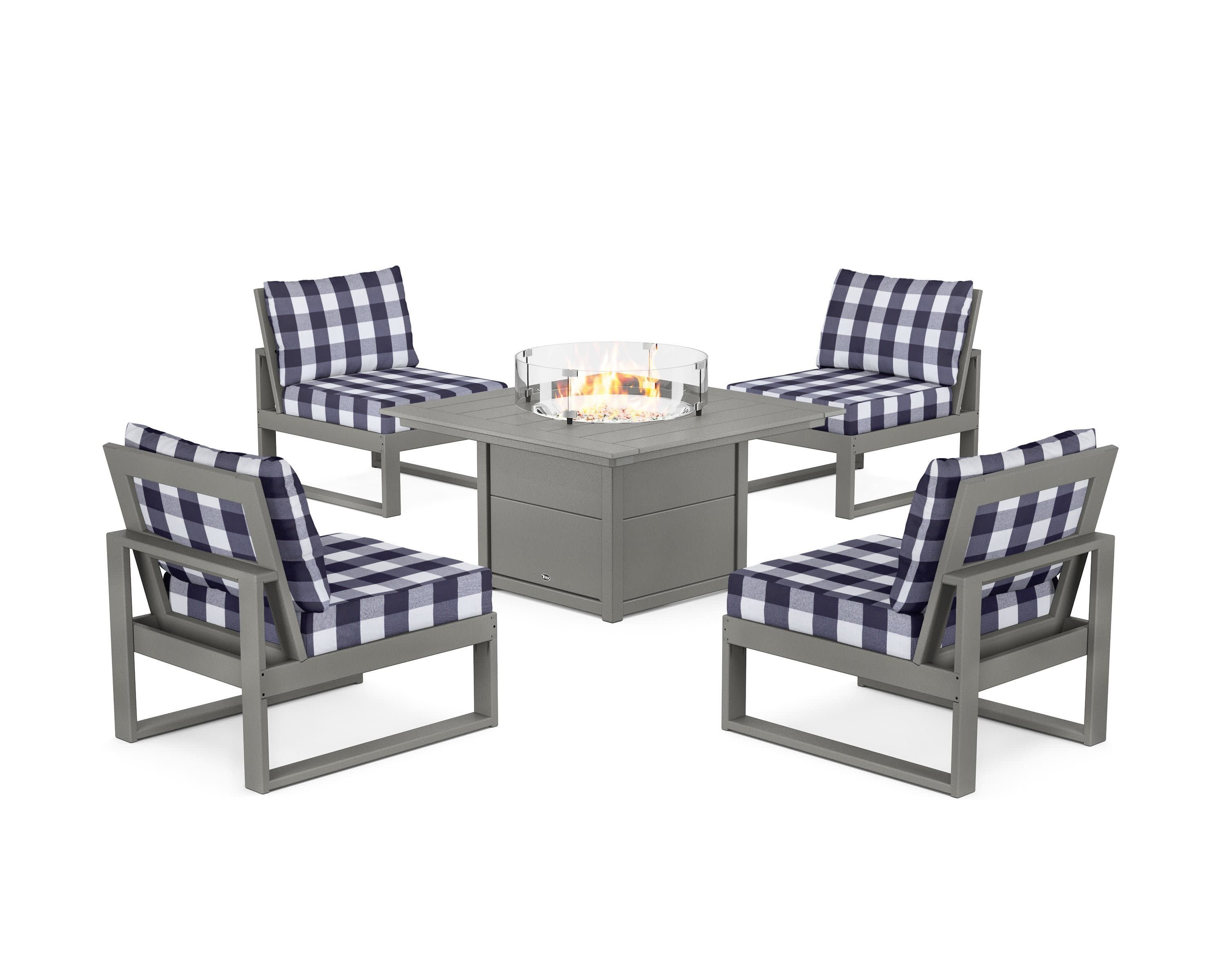 Eastport Modular 5-Piece Deep Seating Set with Square Fire Pit Table in Stepping Stone / Buffalo Plaid Navy