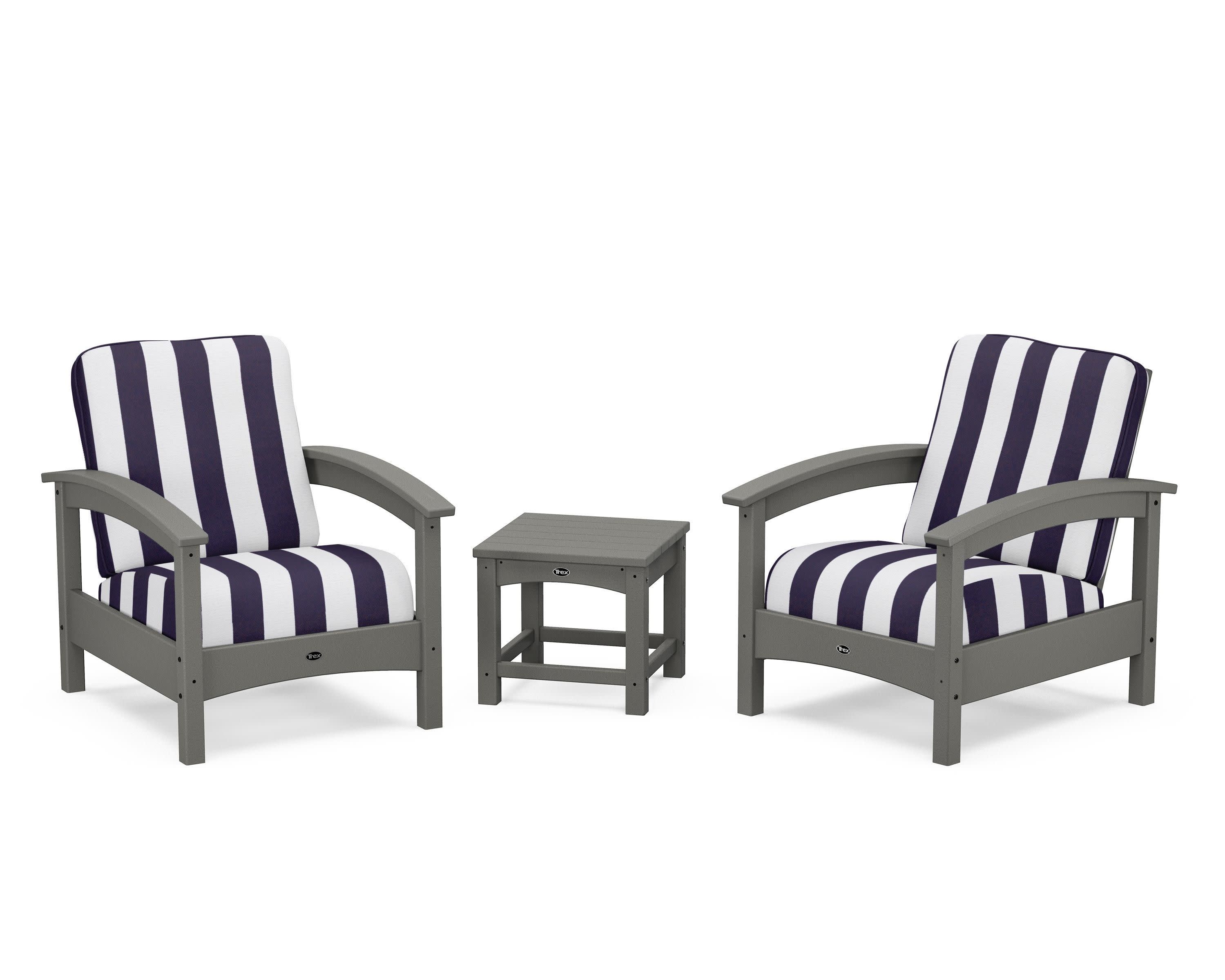 Rockport Club 3-Piece Deep Seating Conversation Set in Stepping Stone / Cabana Stripe Navy